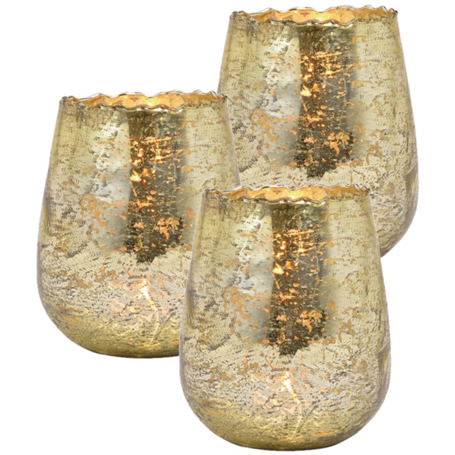 Set van 3x stuks glazen design windlicht-kaarsenhouder champagne goud 12 x 15 x 12 cm