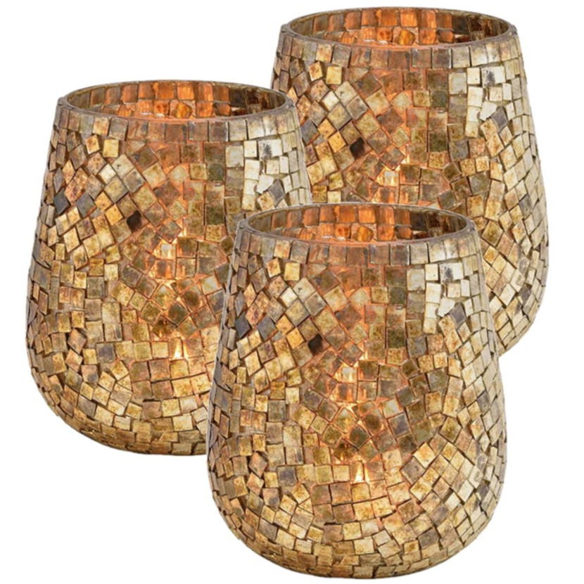 Set van 3x stuks glazen design windlicht-kaarsenhouder mozaiek champagne goud 15 x 13 cm
