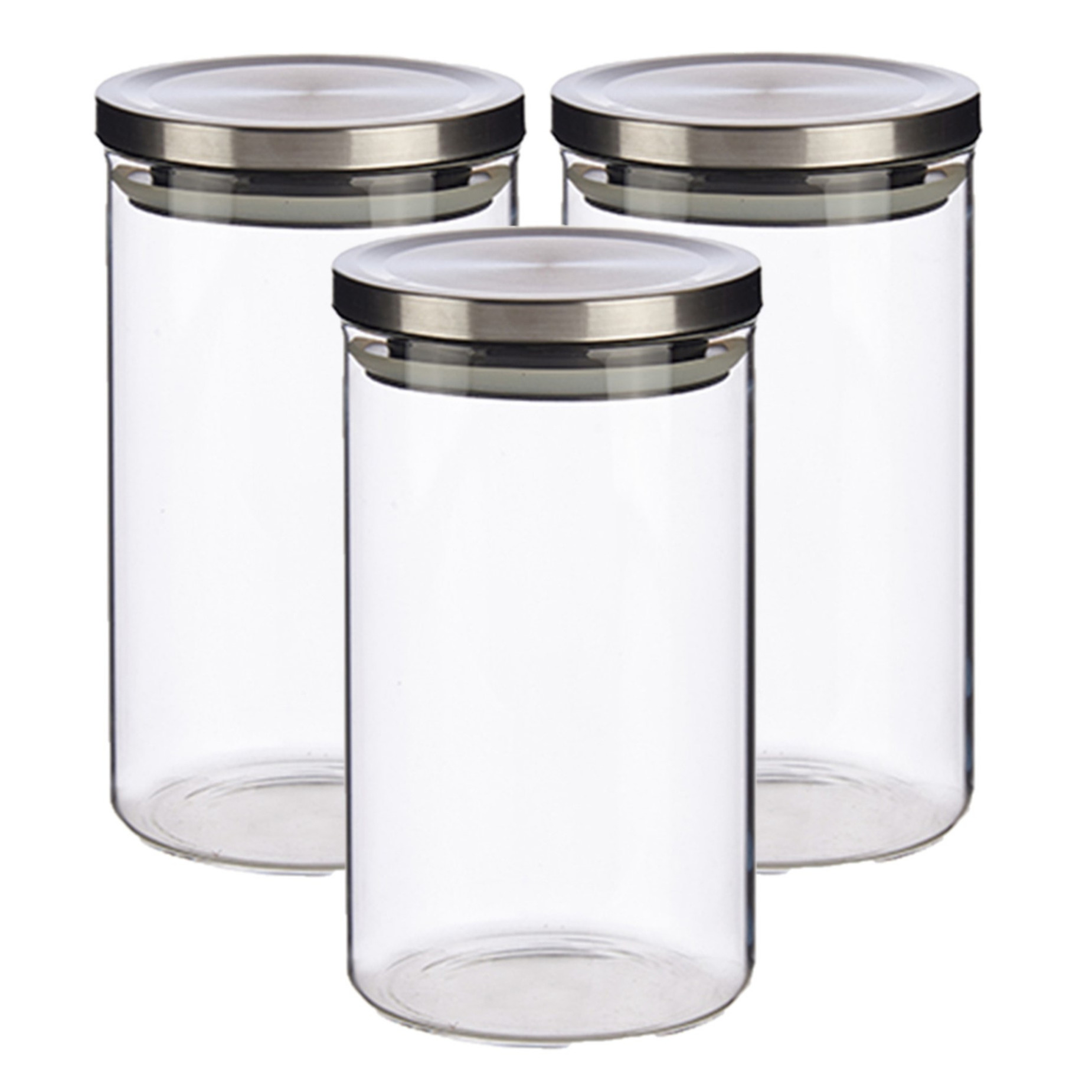 Set van 3x stuks glazen luxe keuken voorraadpotten-voorraadbussen met deksel zilver 1000 ml