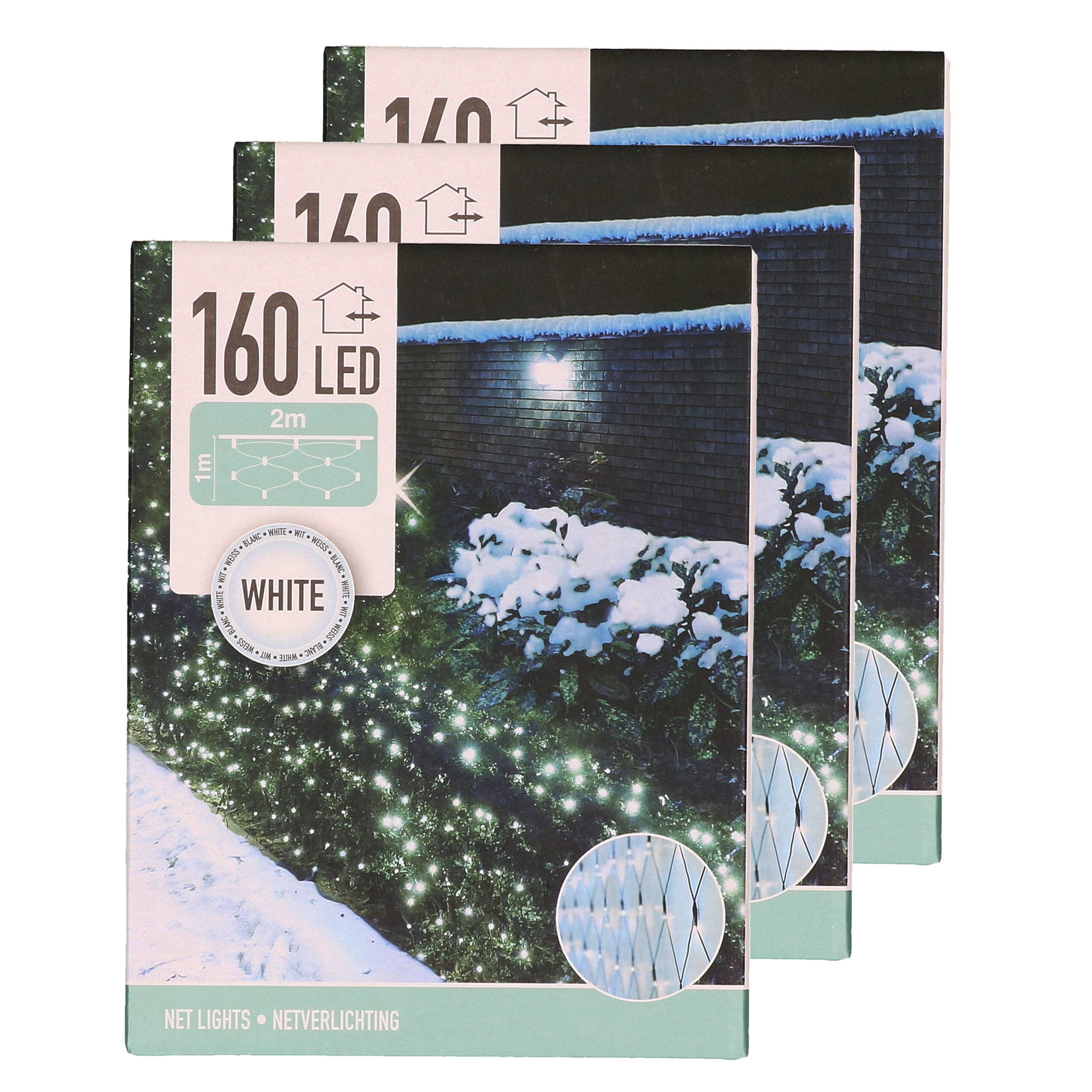 Set van 3x stuks kerstverlichting lichtnetten-netverlichting 200 x 100 cm helder wit