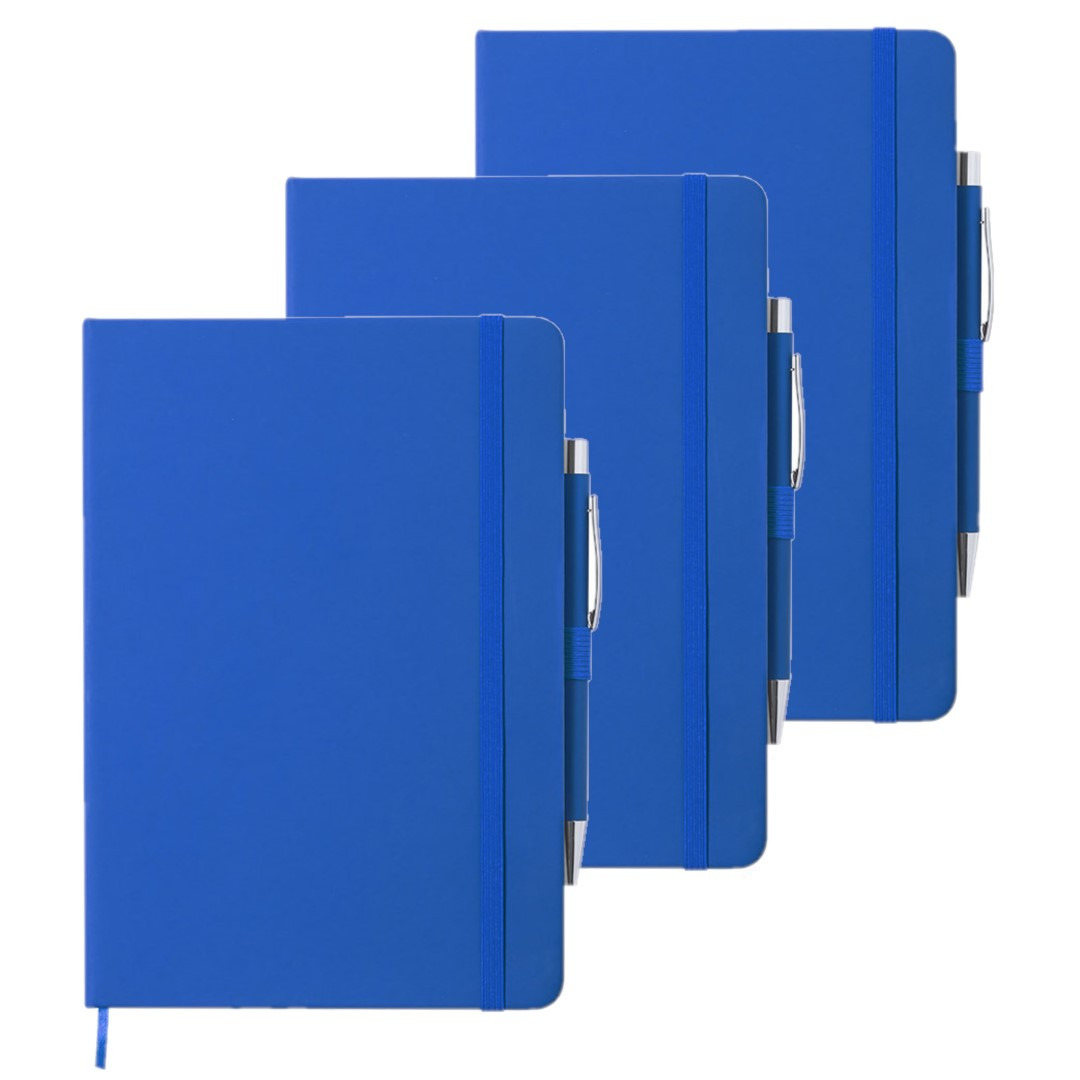 Set van 3x stuks luxe notitieboekje gelinieerd blauw met elastiek en pen A5 formaat