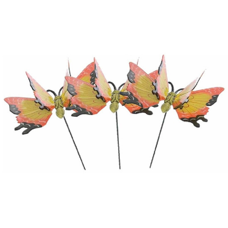 Set van 3x stuks metalen vlinder geel-oranje 11 x 70 cm op steker