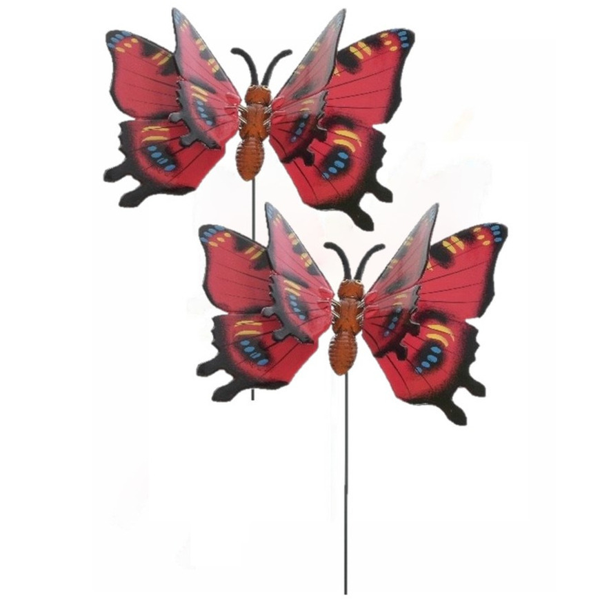Set van 3x stuks metalen vlinder rood 11 x 70 cm op steker