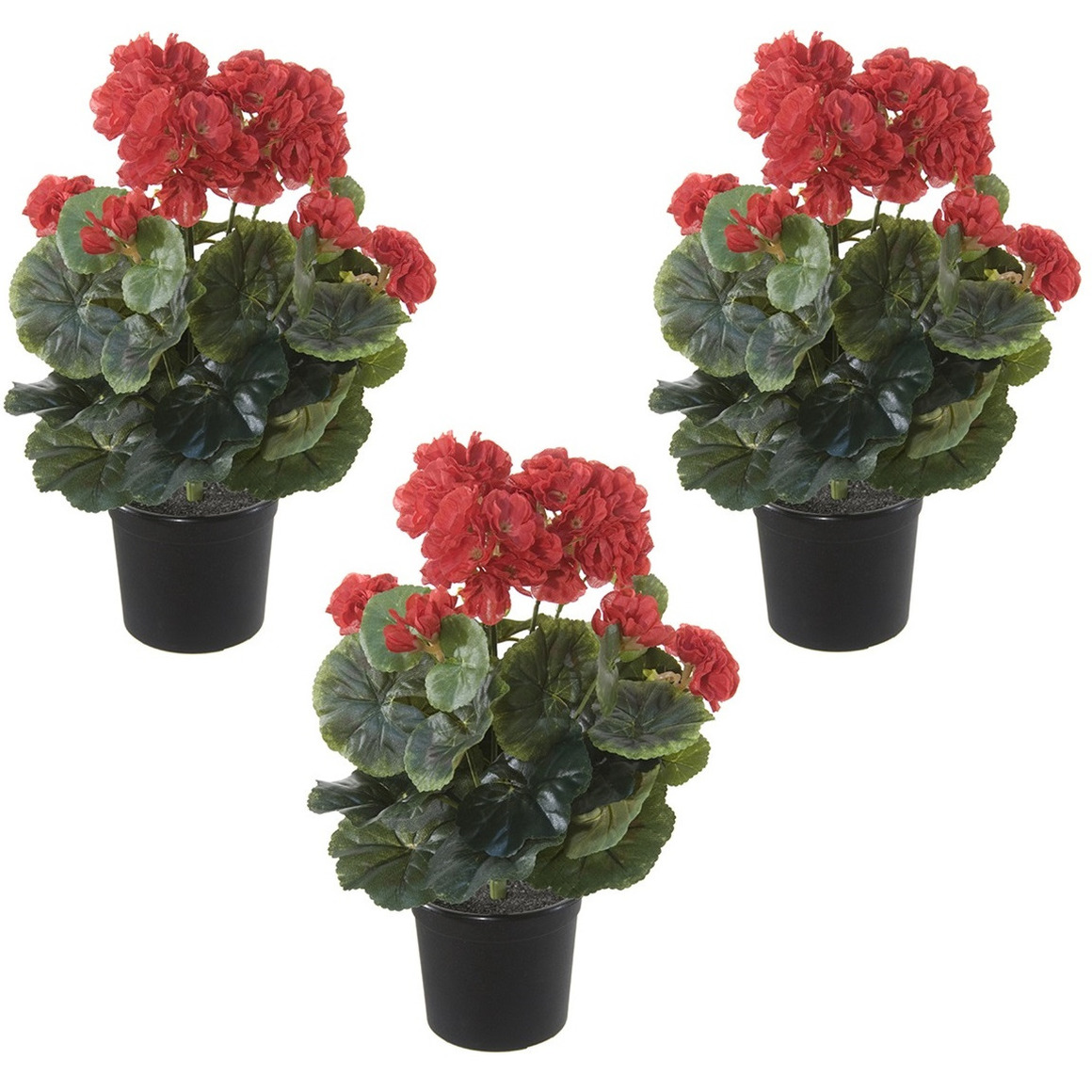 Set van 3x stuks rode geranium Pelargonium Graveolens kunstplanten in zwarte kunststof pot 35 cm