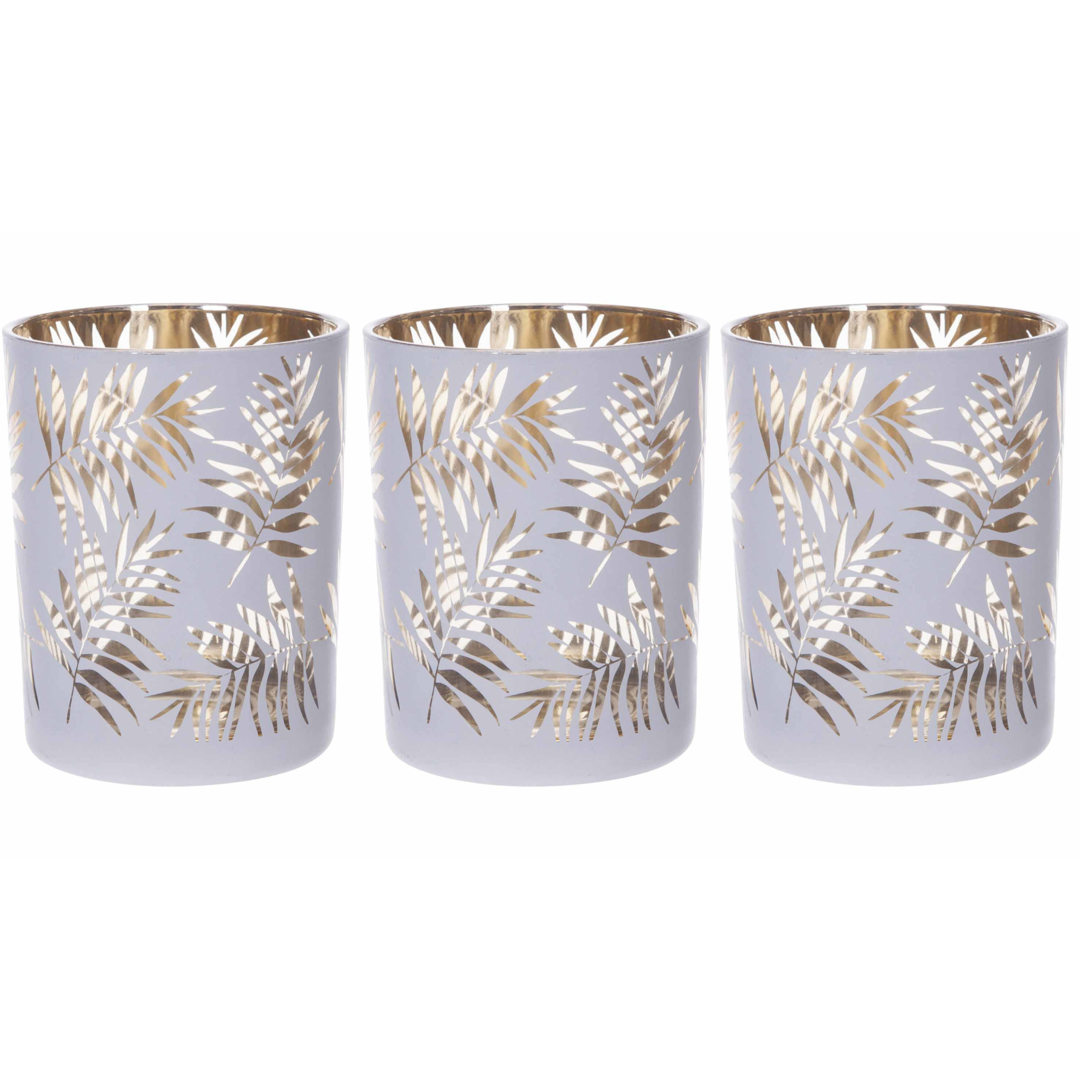 Set van 3x stuks theelichthouders-waxinelichthouders glas wit-goud bladeren print 12,5 cm