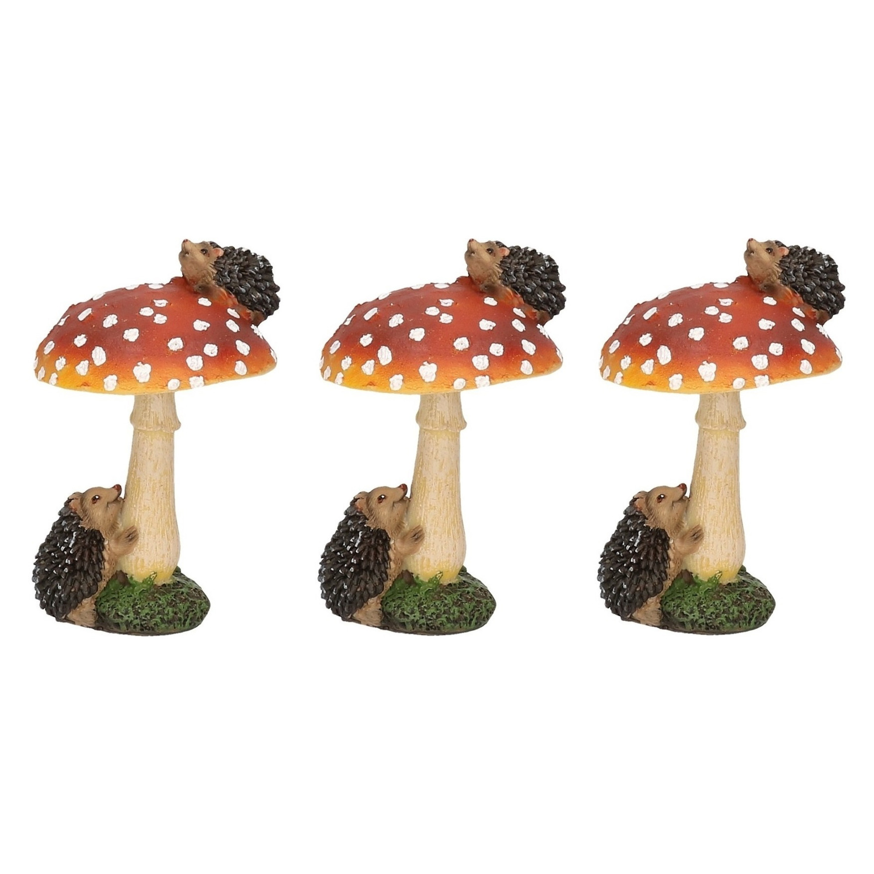 Set van 3x stuks vliegenzwam paddenstoelen tuinbeeldjes met egels 11 cm