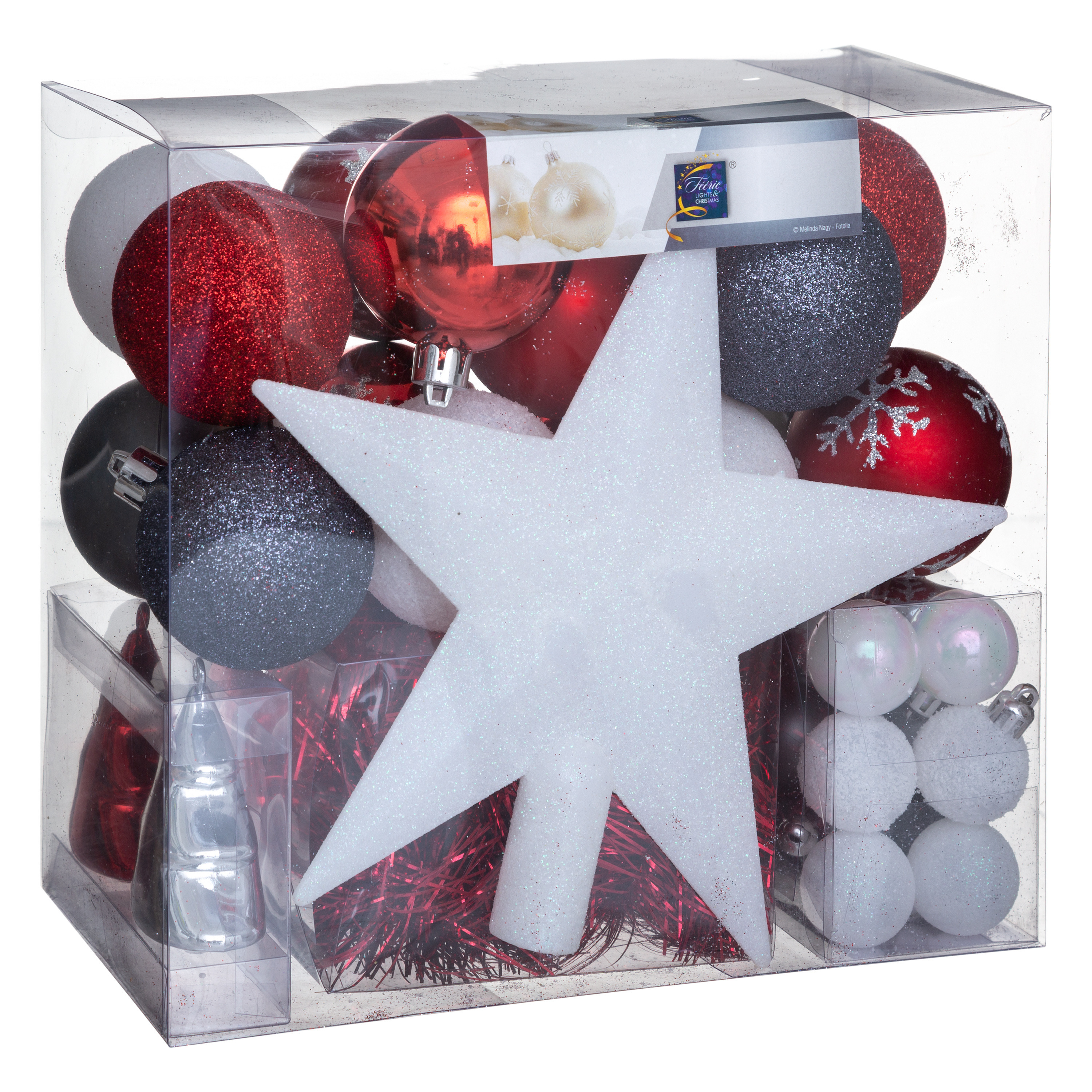 Set van 43x stuks kunststof kerstballen met ster piek rood-wit-grijs mix