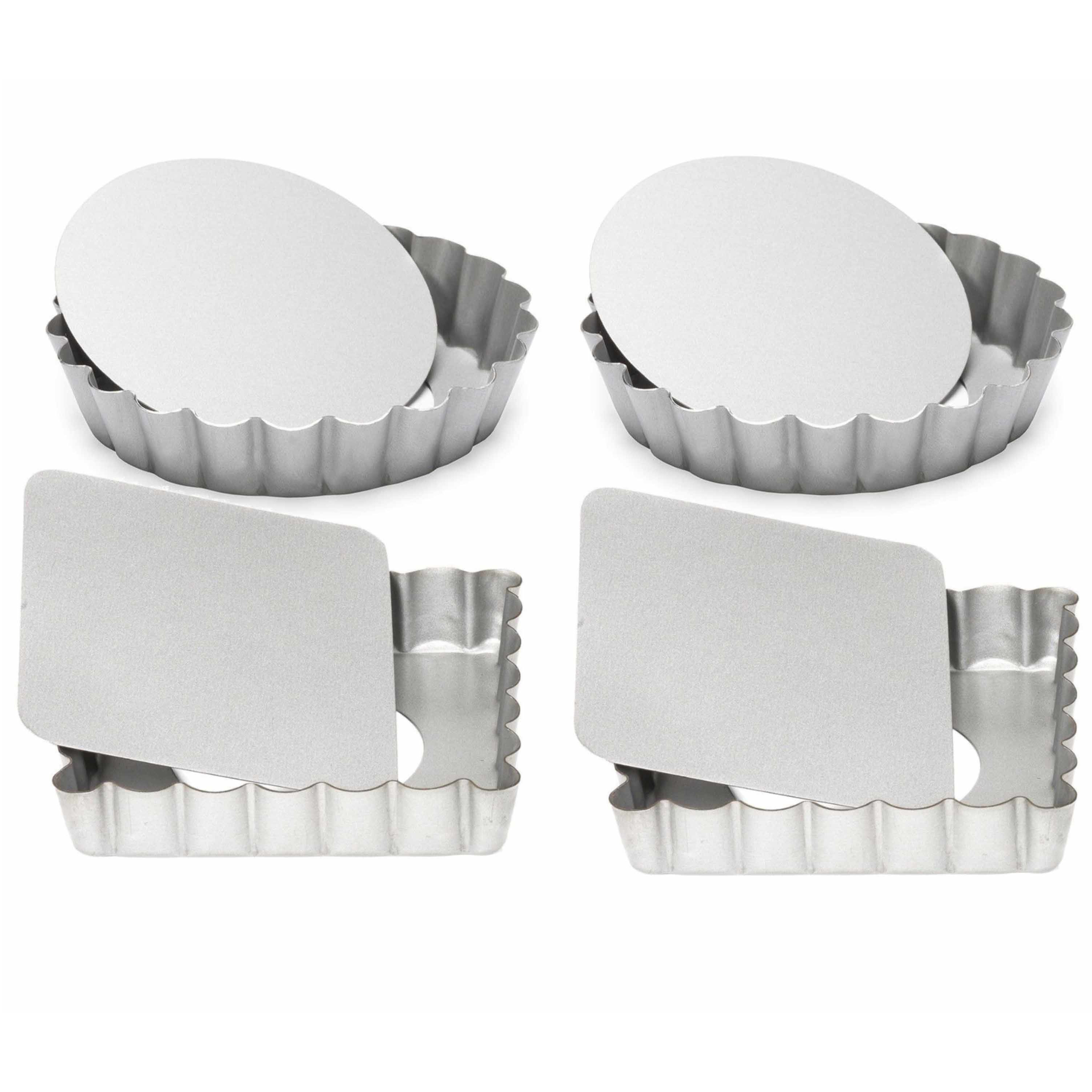 Set van 4x mini taart-quiche bakvormen vierkant en rond zilver 10 cm