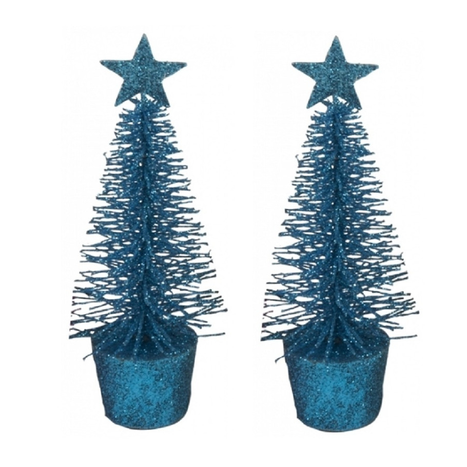 Set van 4x stuks kleine blauwe kerstboompjes 15 cm