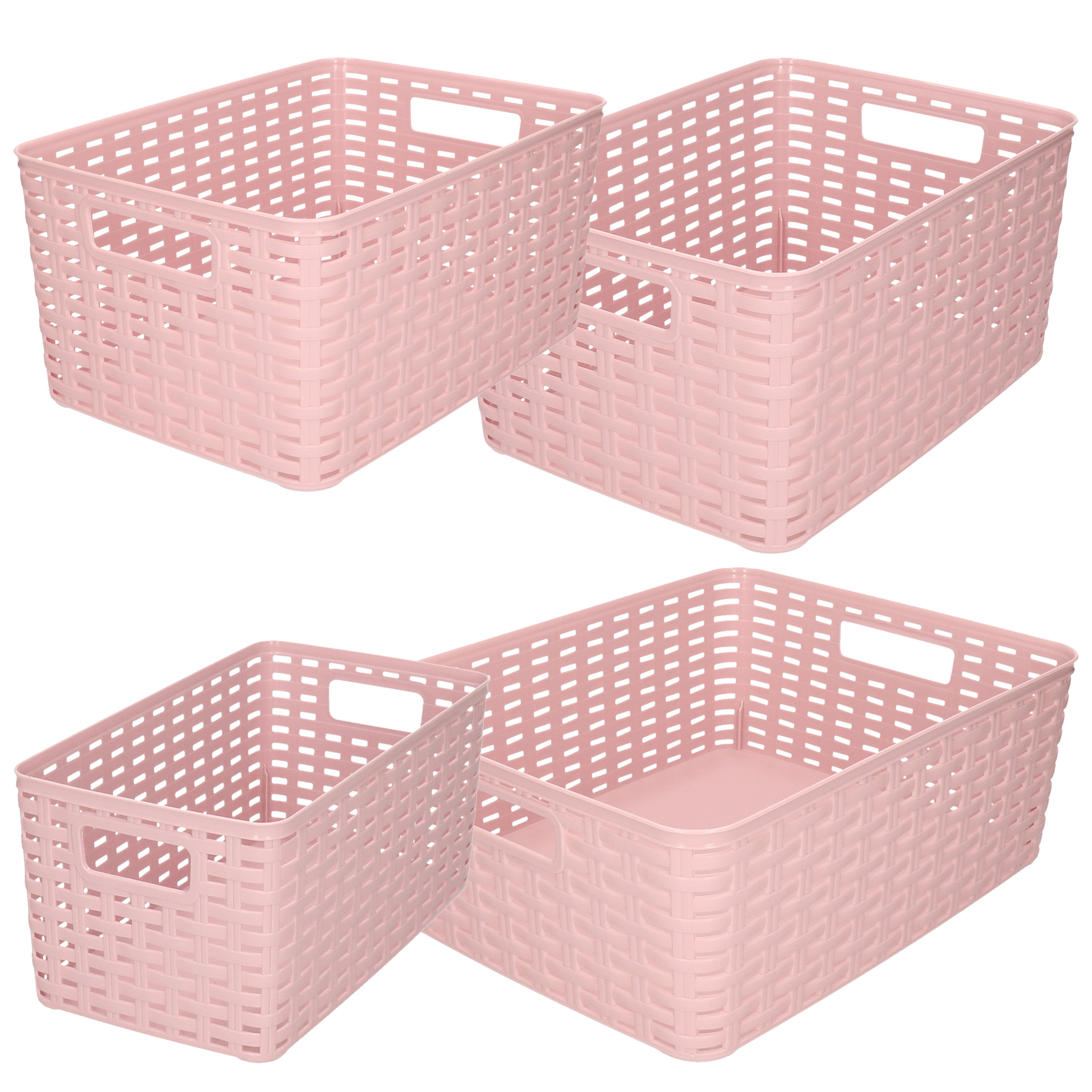Set van 4x stuks opbergboxen-opbergmandjes rotan oud roze kunststof