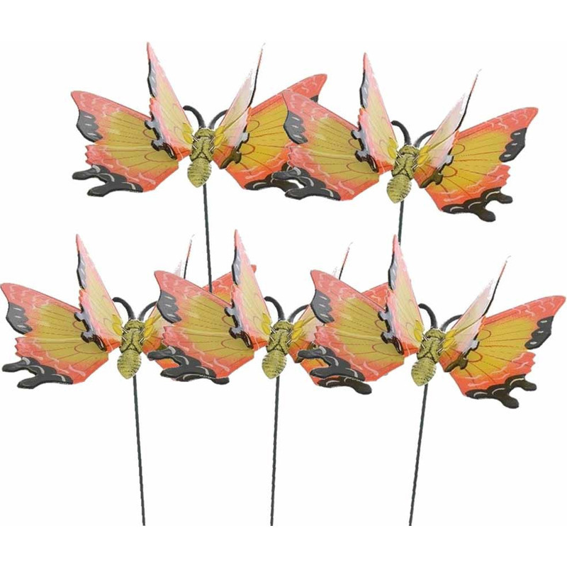 Set van 5x stuks metalen vlinder geel-oranje 11 x 70 cm op steker