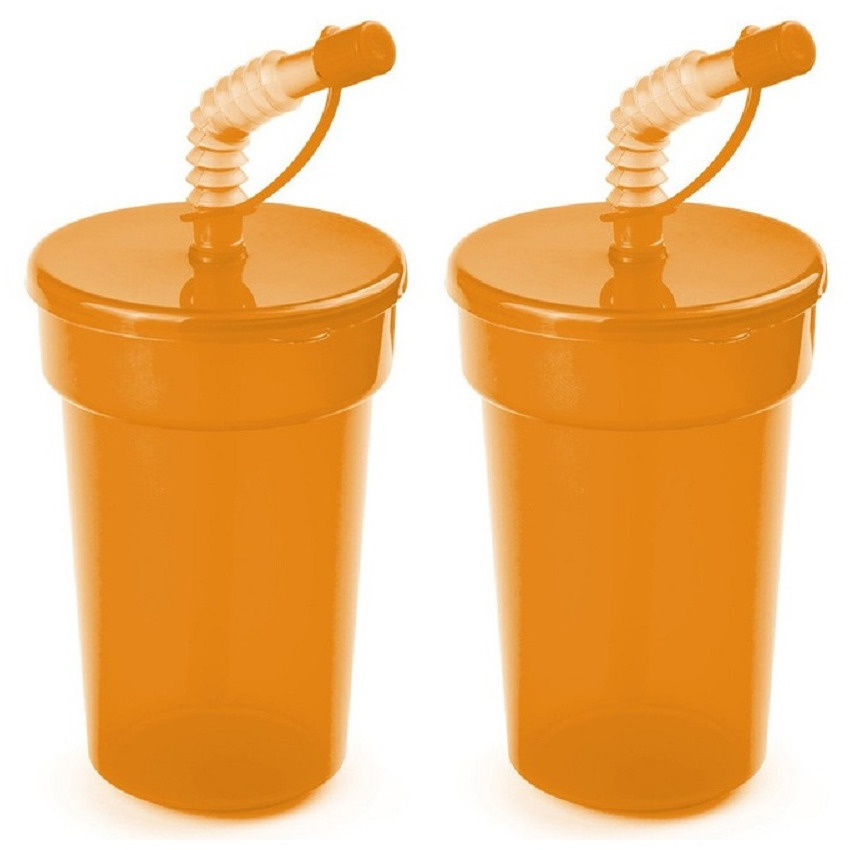 Set van 6x stuks afsluitbare plastic drinkbeker oranje 400 ml met rietje voor kinderen-peuters