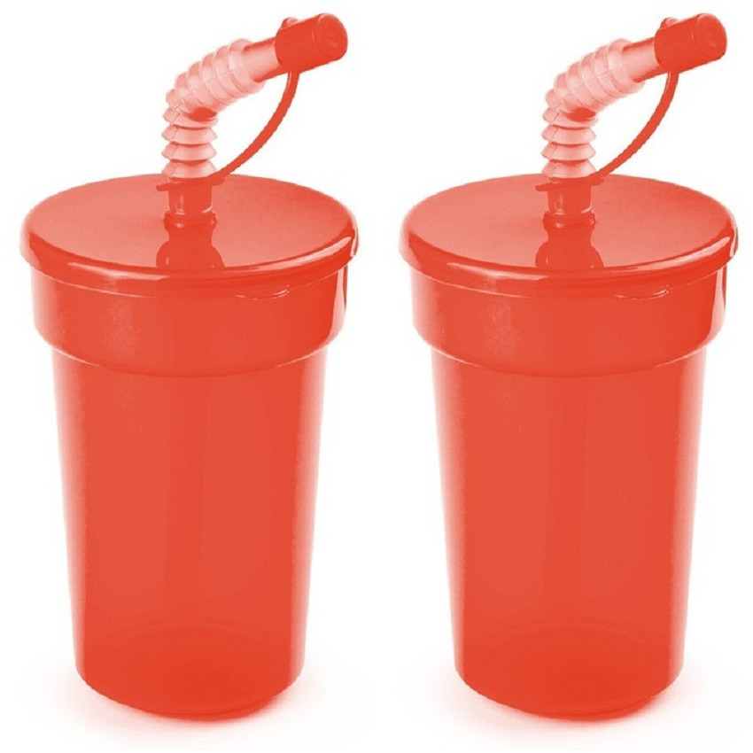 Set van 6x stuks afsluitbare plastic drinkbeker rood 400 ml met rietje voor kinderen