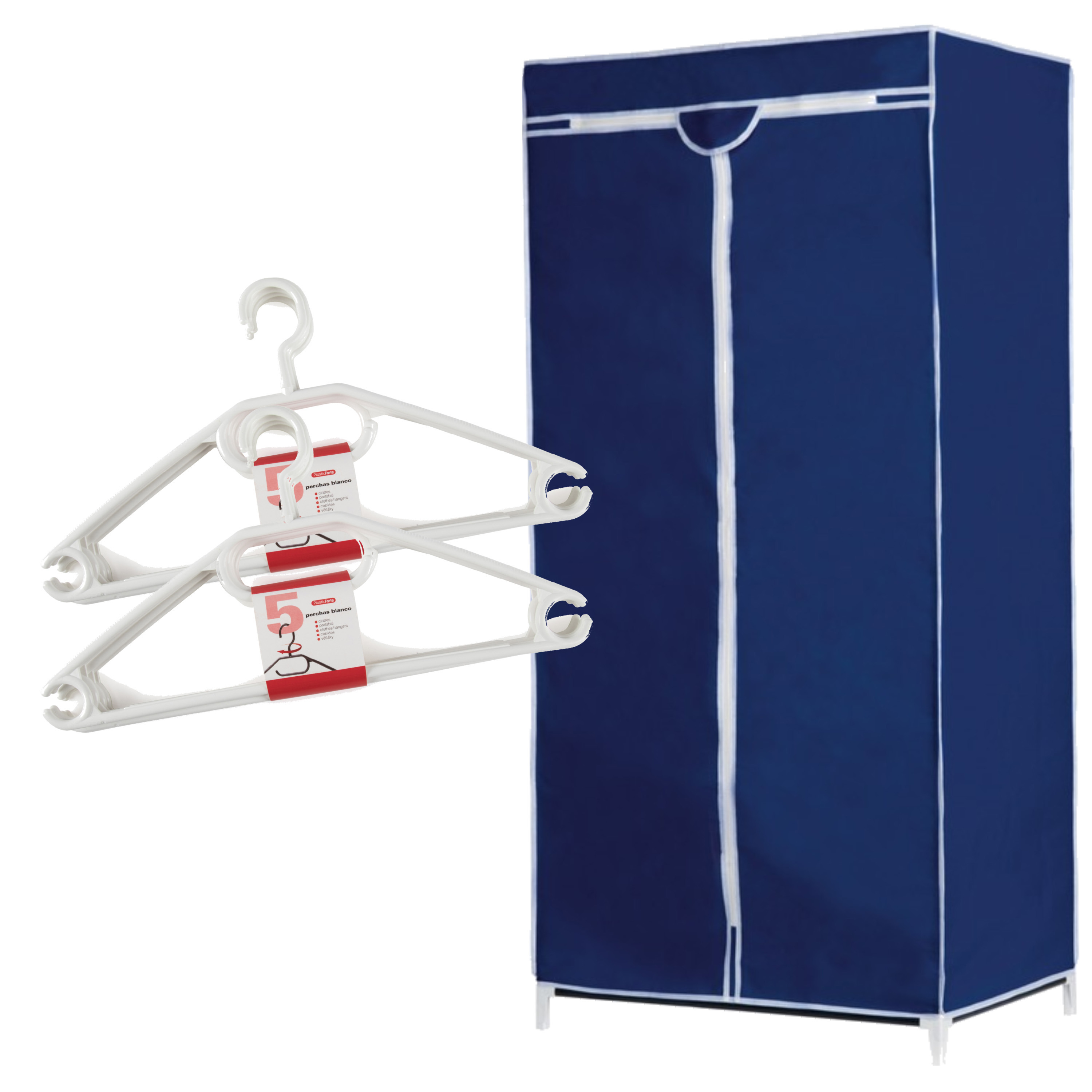 Set van mobiele opvouwbare kledingkast met blauwe hoes 160 cm en 10x plastic kledinghangers wit