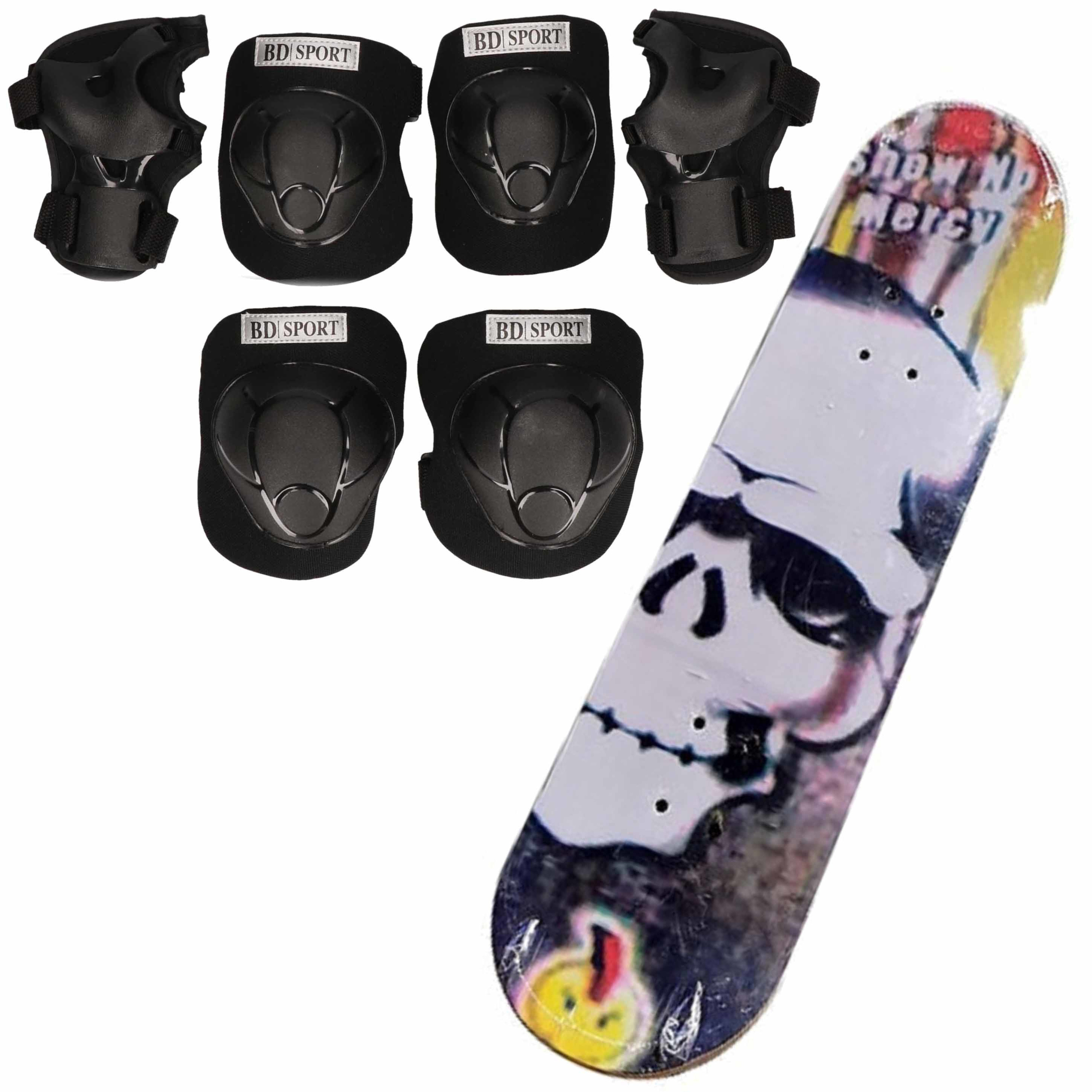 Set van skateboard 81 cm met doodskop print en valbescherming maat L- 9 tot 10 jaar