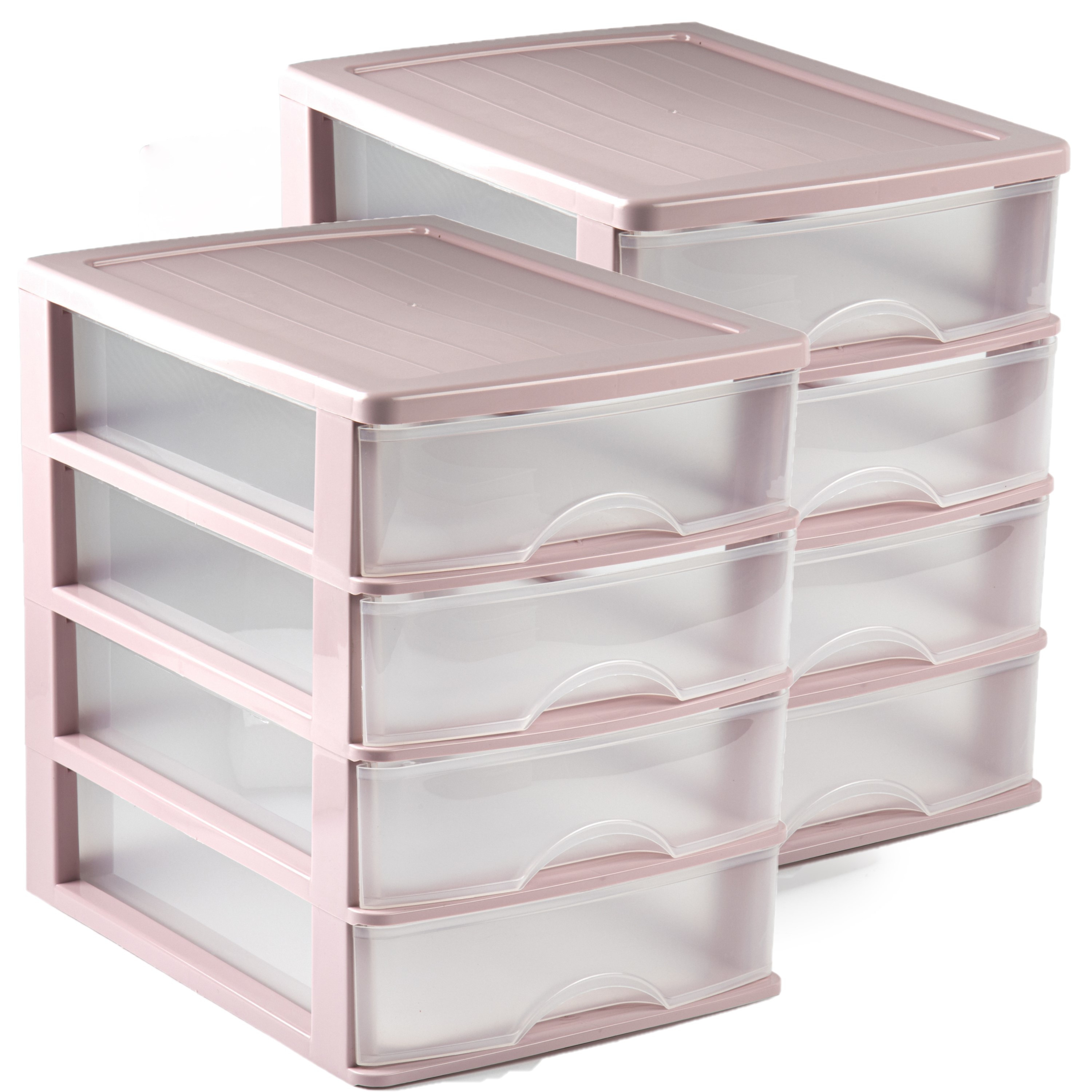 Setje van 2x stuks organizer ladeblokje 4-lades roze-transparant 35 x 27 x 35 cm van plastic
