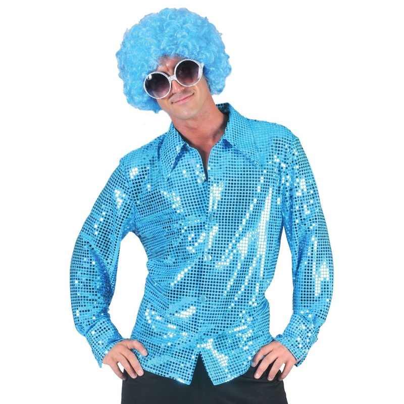 Seventies-eighties disco hemd blauwe pailletten voor heren