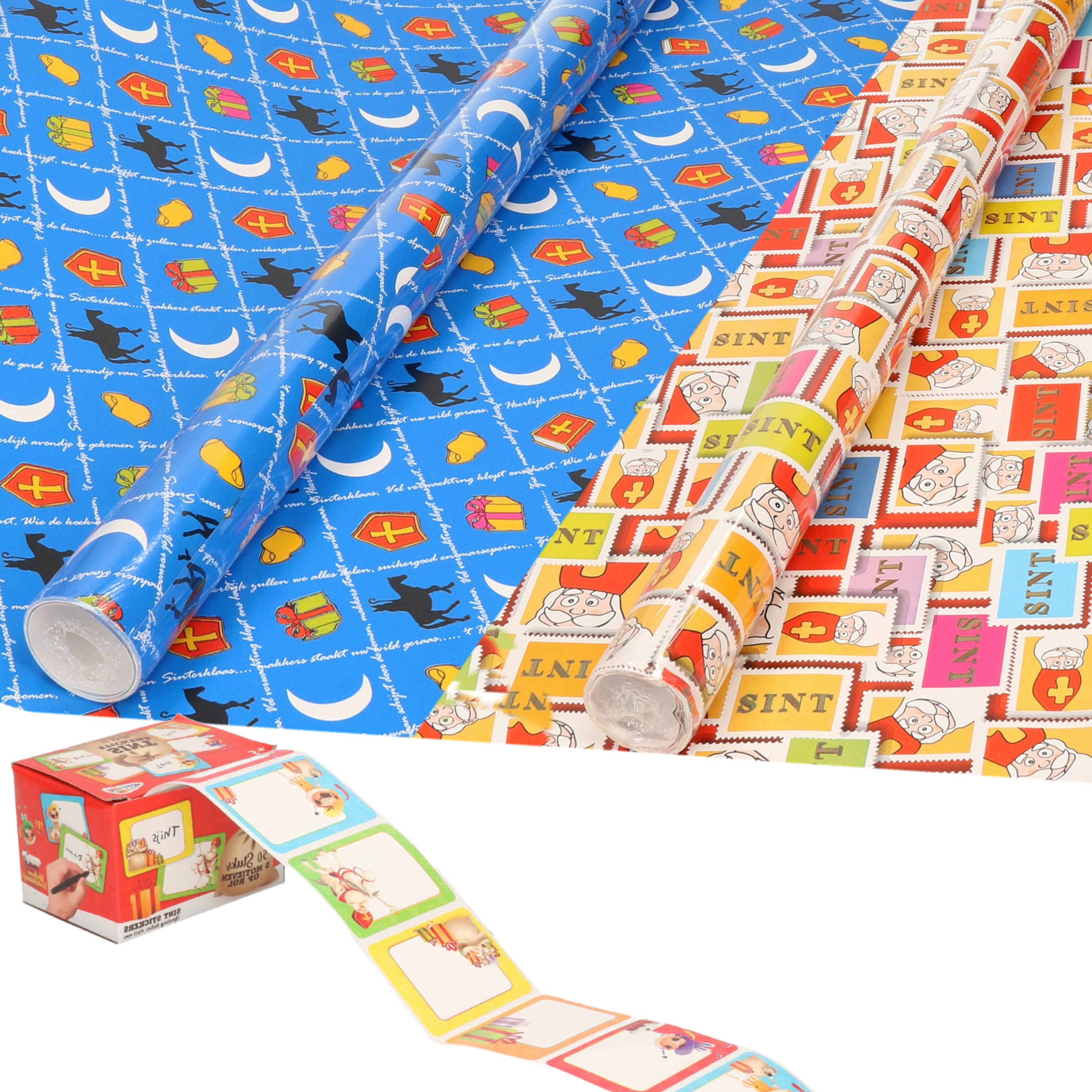 Sinterklaas inpakpapier-cadeaupapier 6x rollen en 50 naam stickers