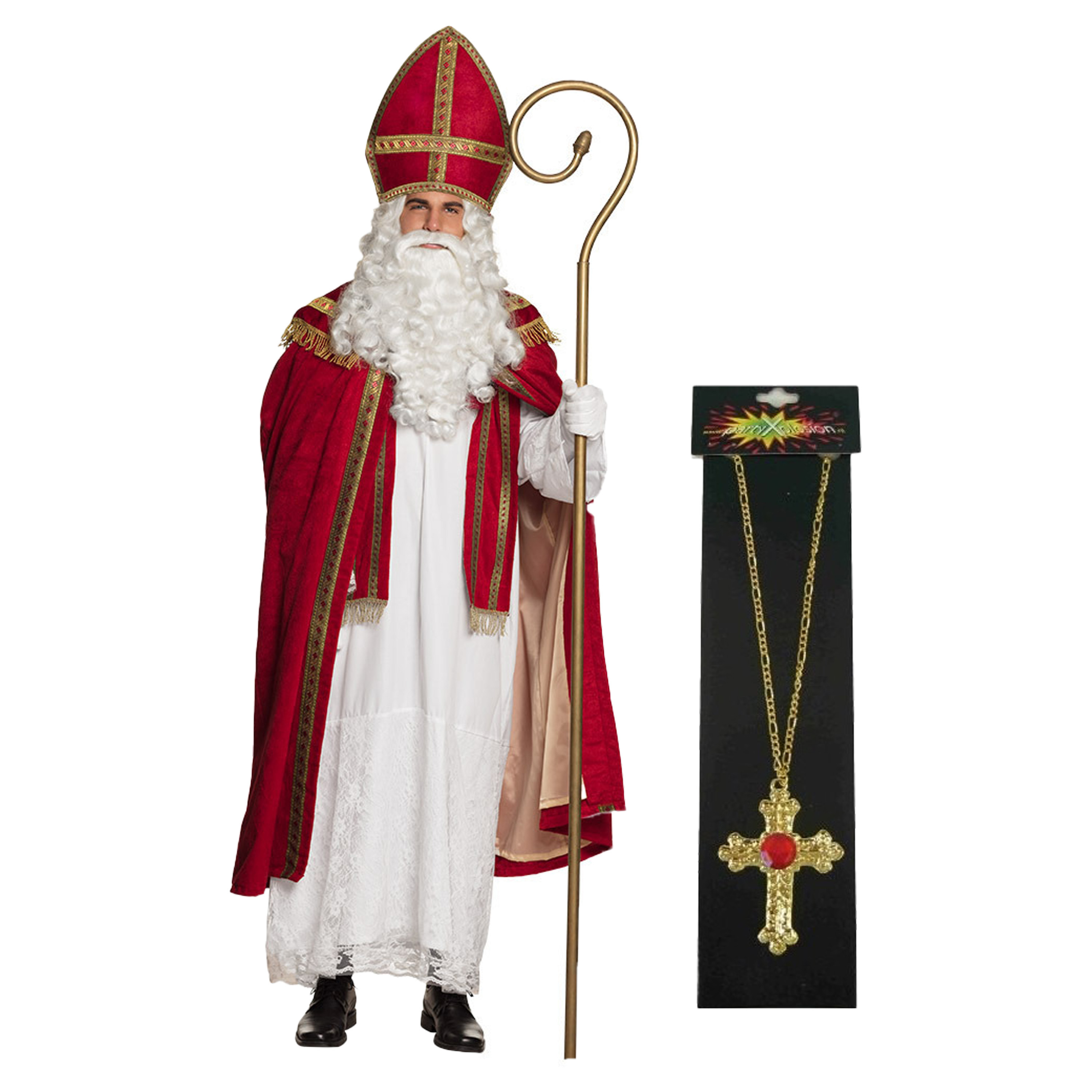 Sinterklaas kostuum inclusief kruis ketting met rode steen