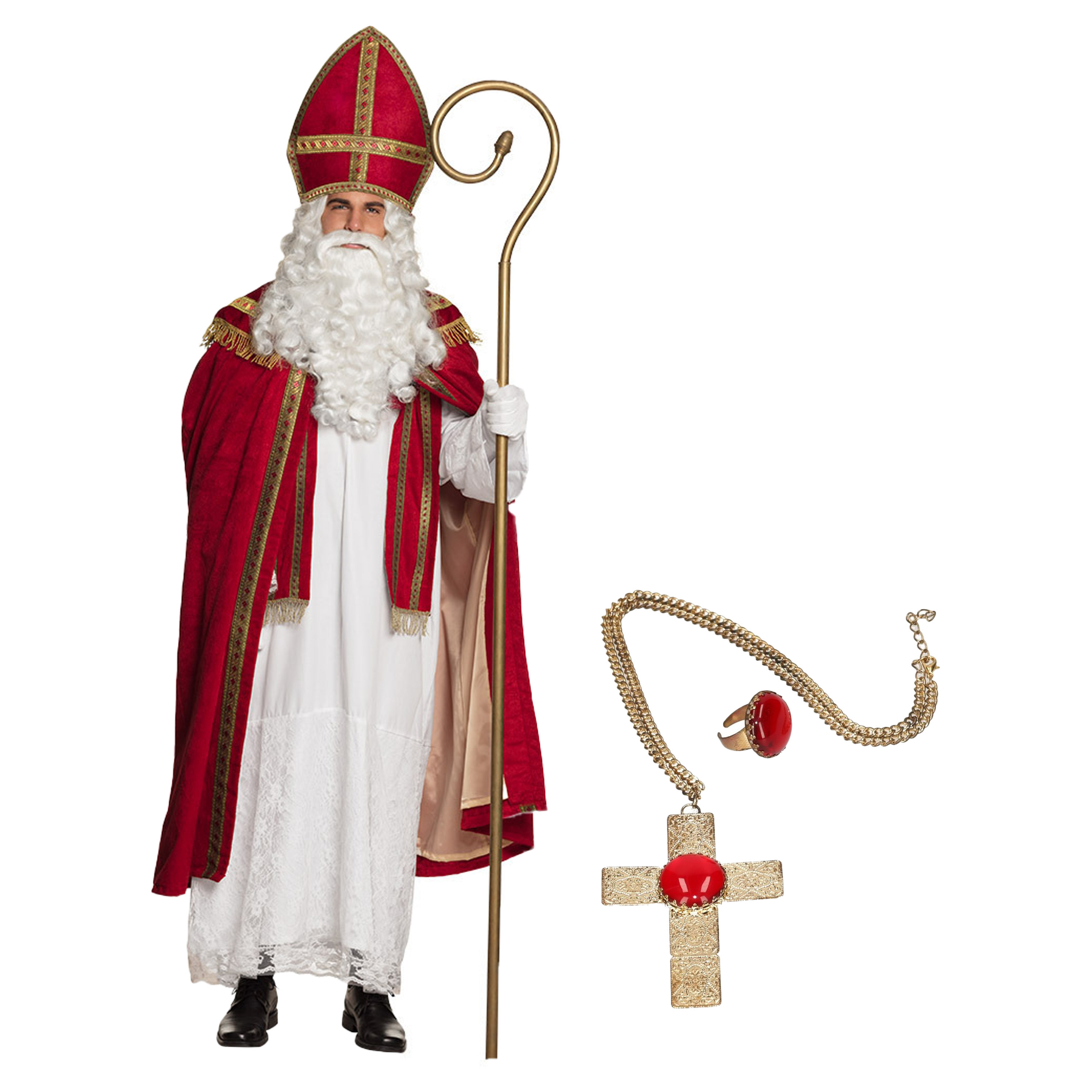 Sinterklaas kostuum inclusief ring en kruis ketting met rode steen