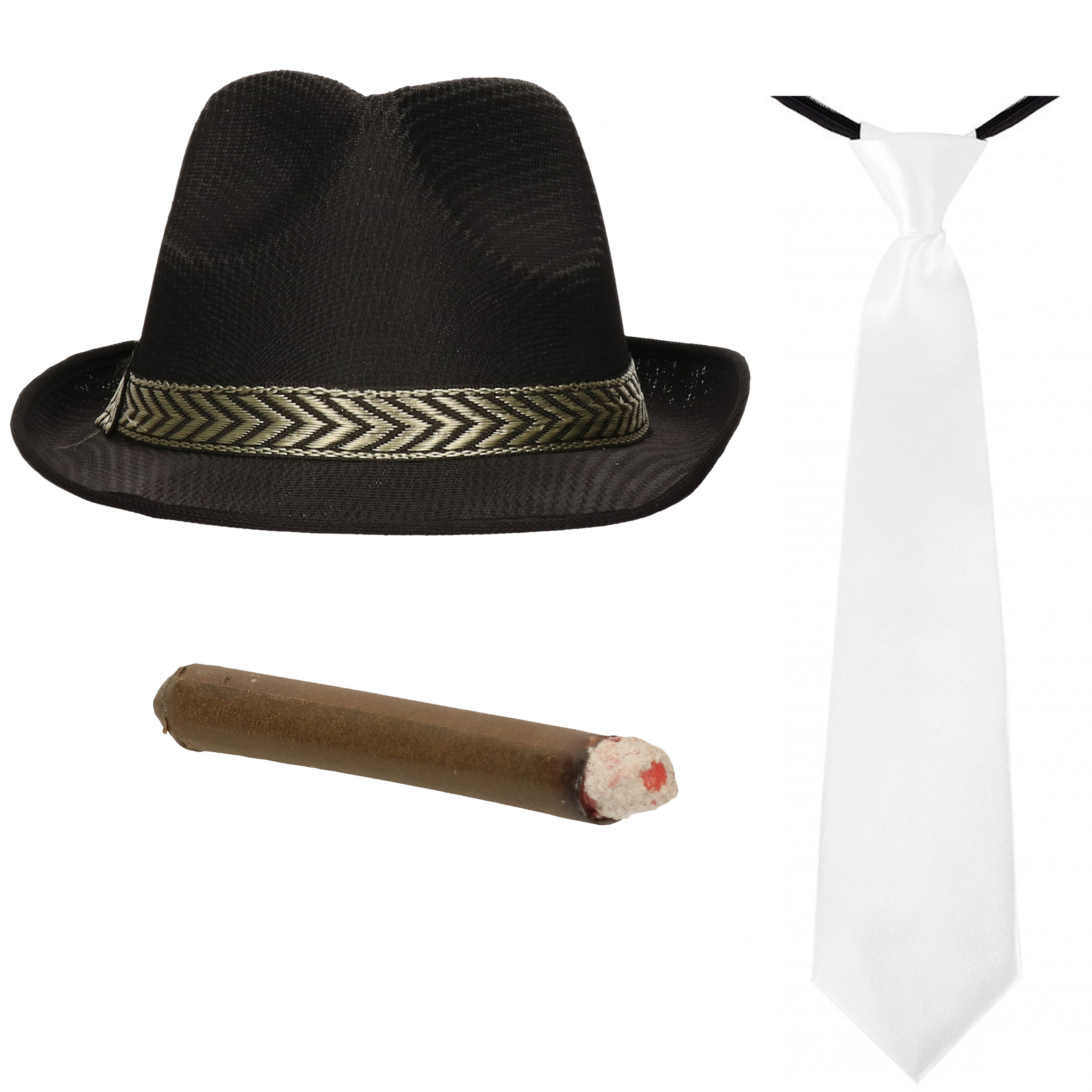 Smiffys Gangster-Maffia verkleed set hoed zwart met stropdas en sigaar