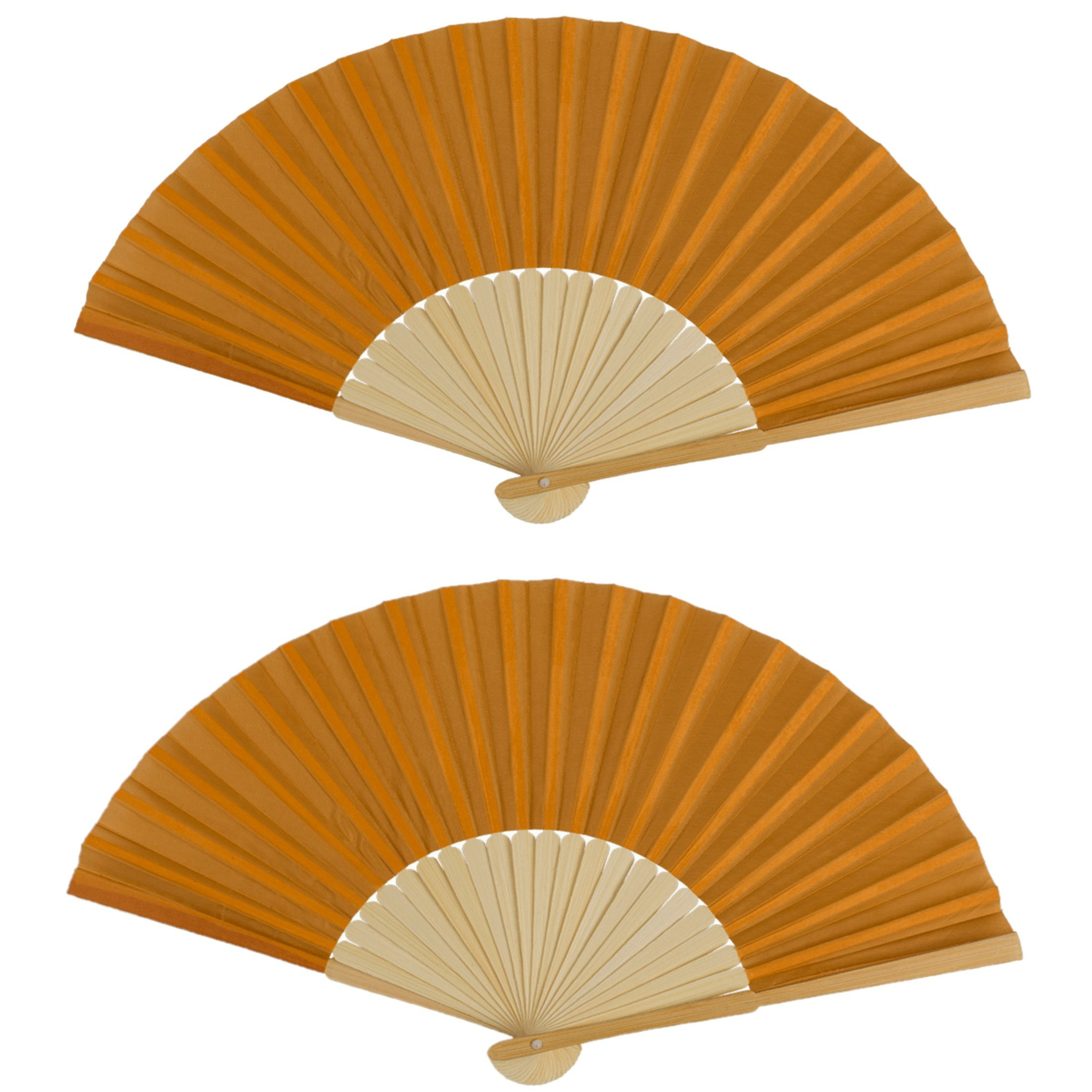 Spaanse handwaaier 2x pastelkleuren cognac bruin bamboe-papier 21 cm