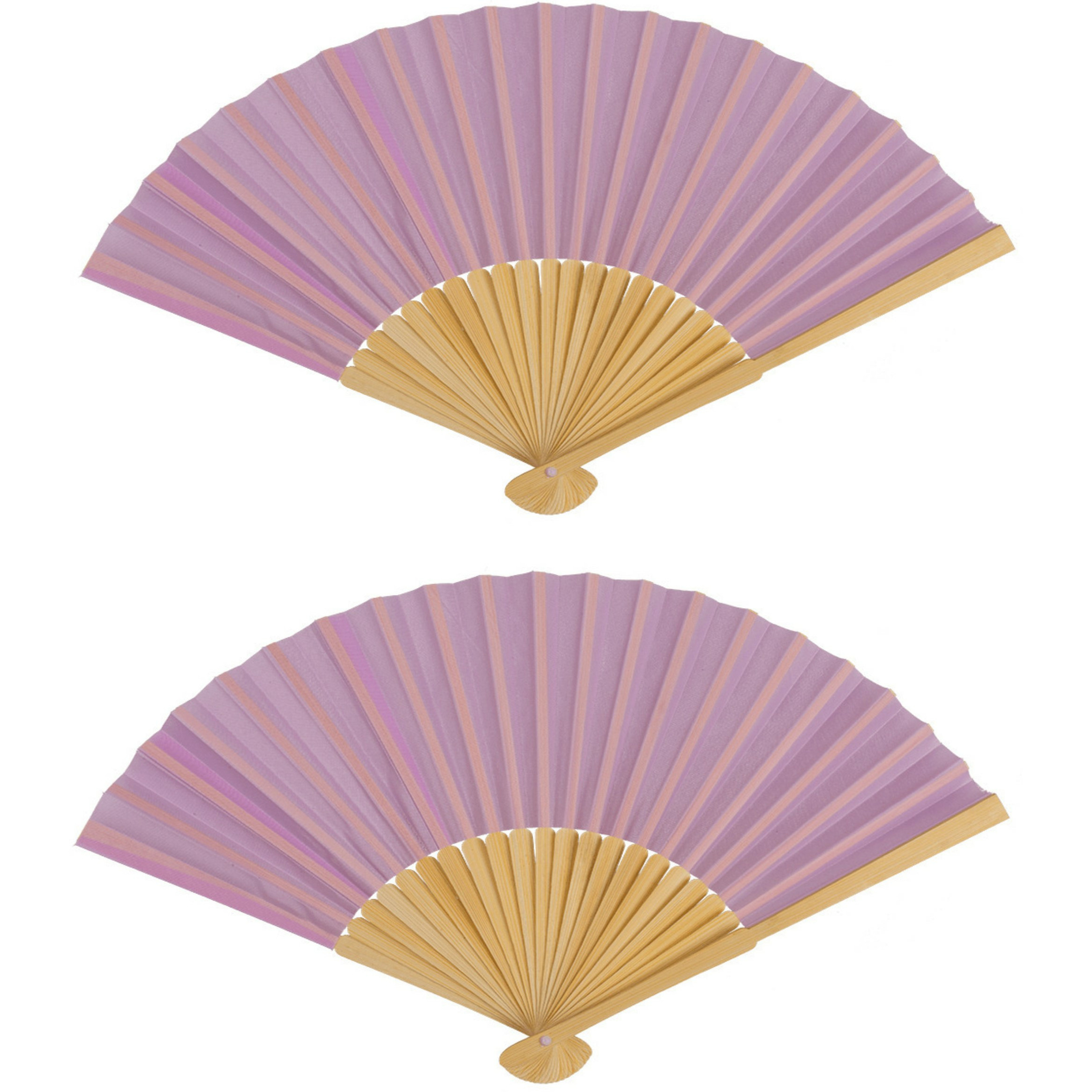 Spaanse handwaaier 2x pastelkleuren lila paars bamboe-papier 21 cm
