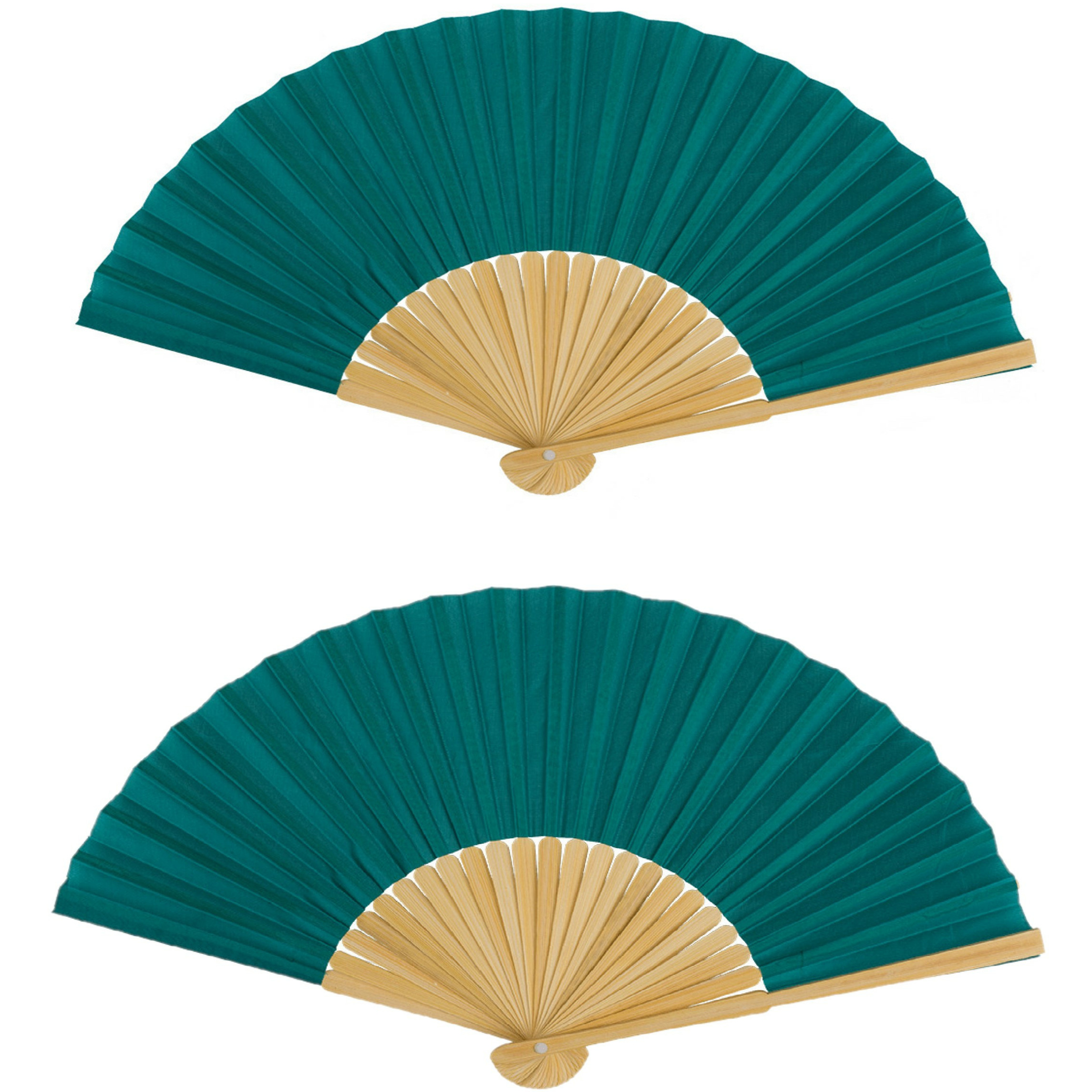 Spaanse handwaaier 2x pastelkleuren smaragd groen bamboe-papier 21 cm