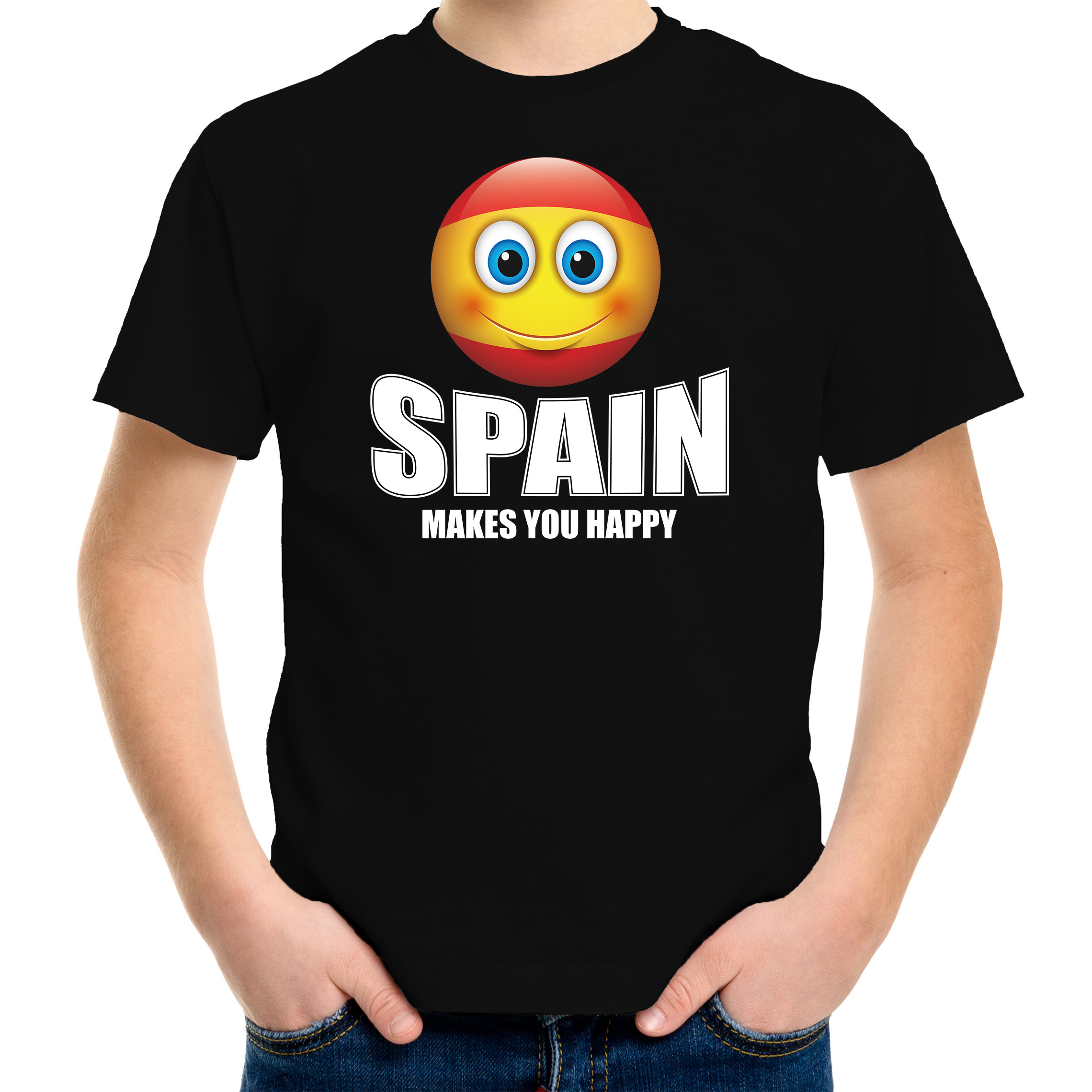 Spain makes you happy landen-vakantie shirt zwart voor kinderen met emoticon