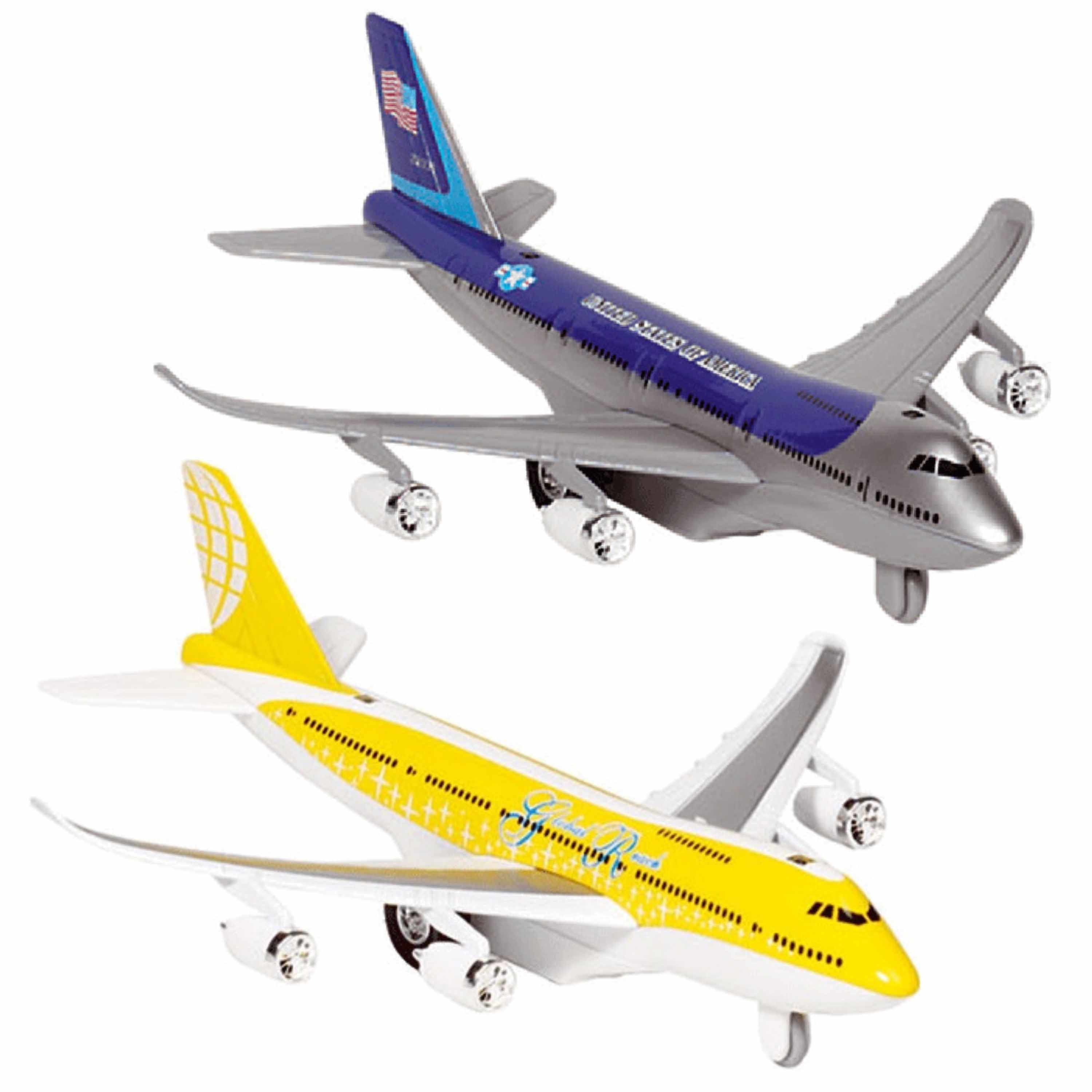 Speelgoed vliegtuigen setje van 2 stuks blauw en geel 19 cm