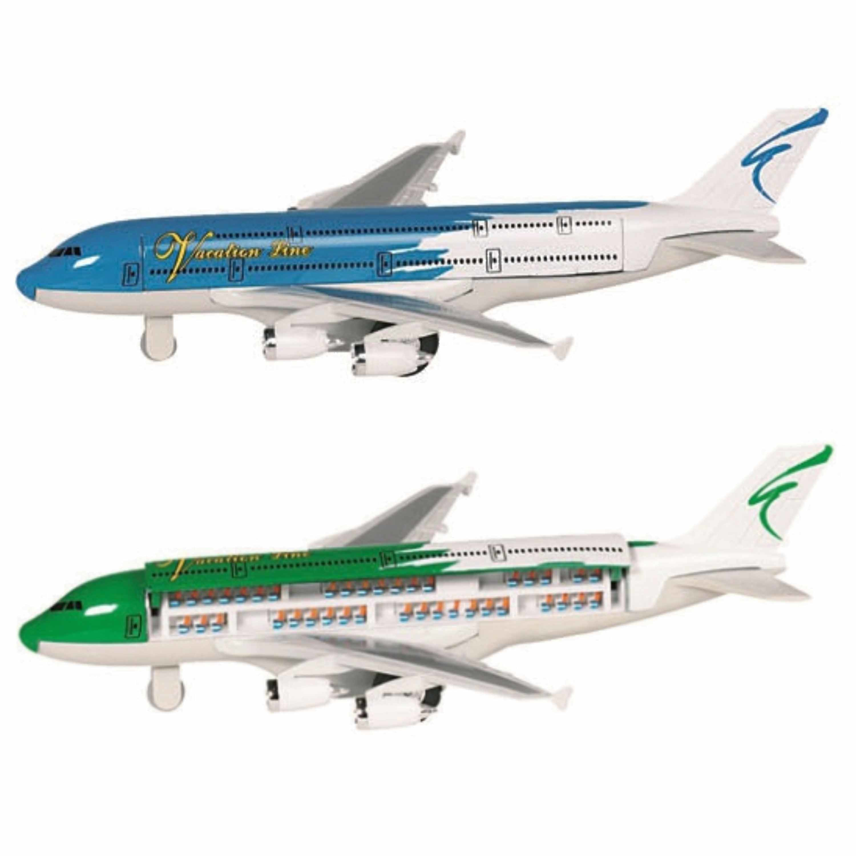 Speelgoed vliegtuigen setje van 2 stuks groen en blauw 19 cm