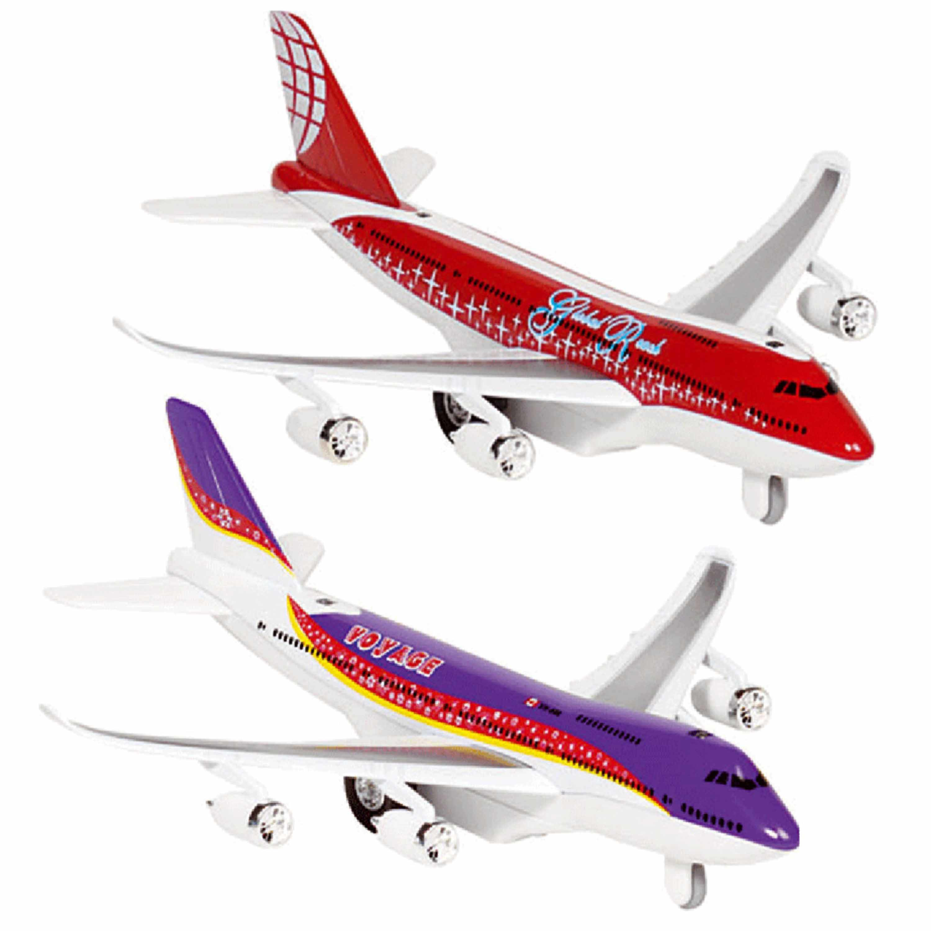 Speelgoed vliegtuigen setje van 2 stuks paars en rood 19 cm