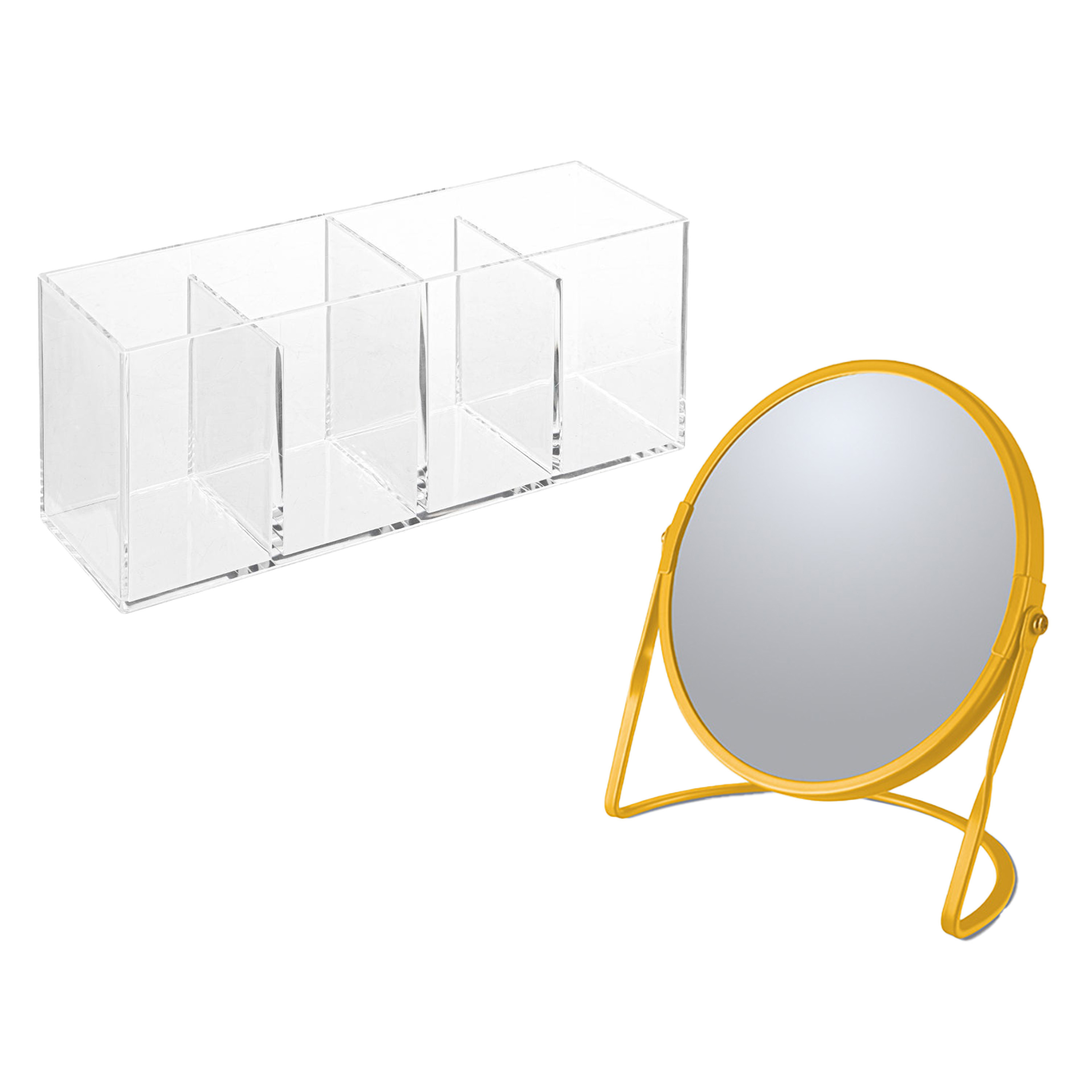 Spirella Make-up organizer en spiegel set 4 vakjes plastic-metaal 5x zoom spiegel geel