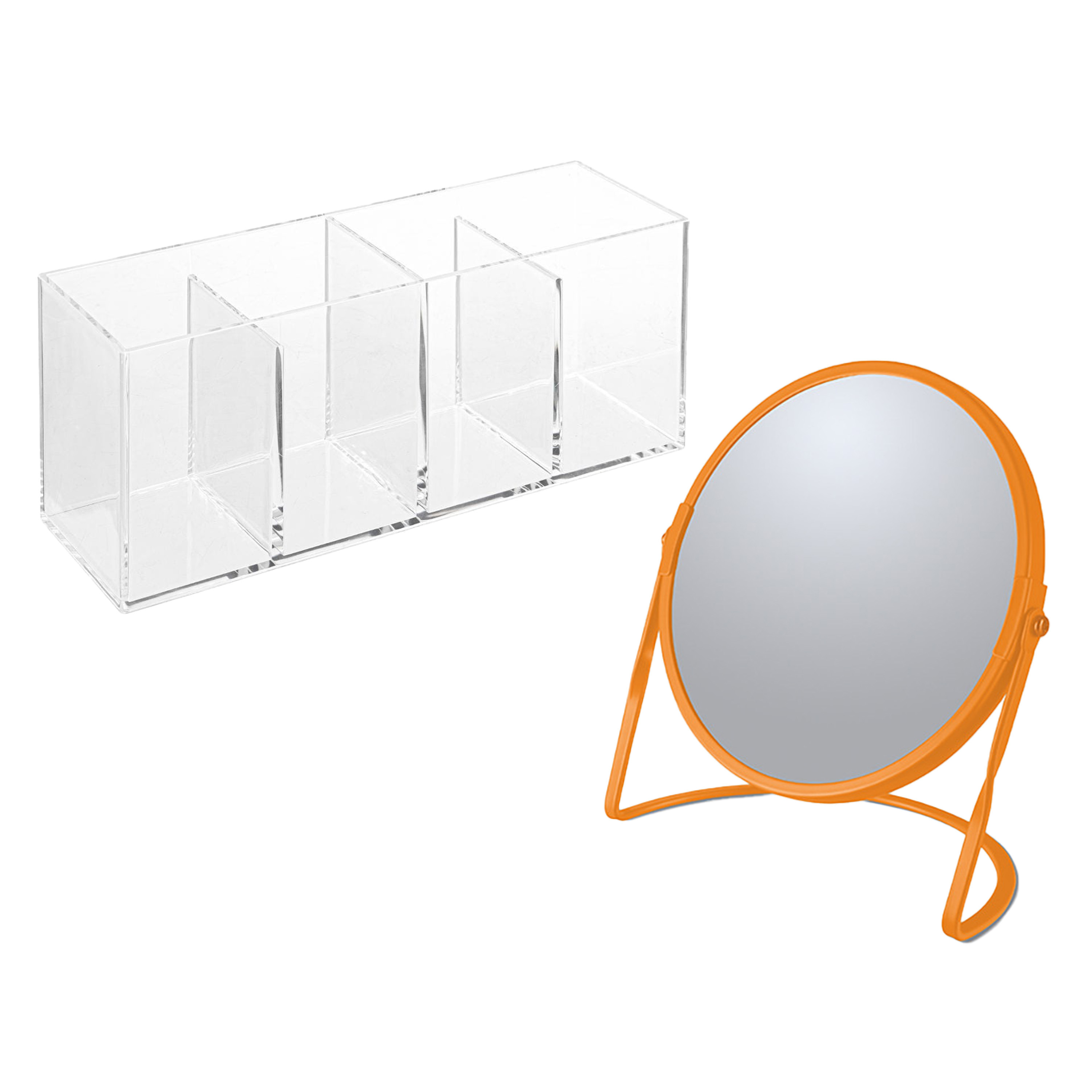 Spirella Make-up organizer en spiegel set 4 vakjes plastic-metaal 5x zoom spiegel oranje