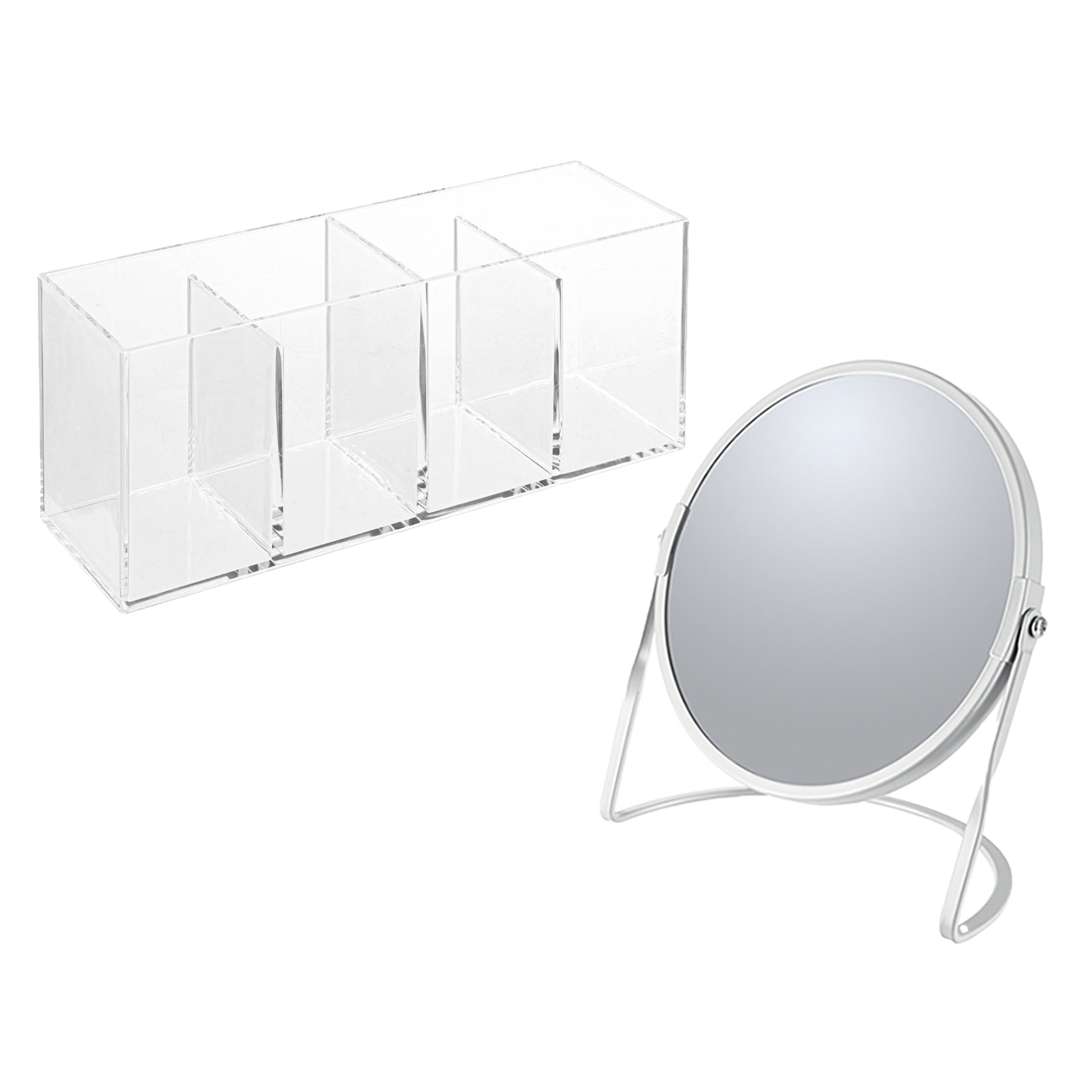 Spirella Make-up organizer en spiegel set 4 vakjes plastic-metaal 5x zoom spiegel wit