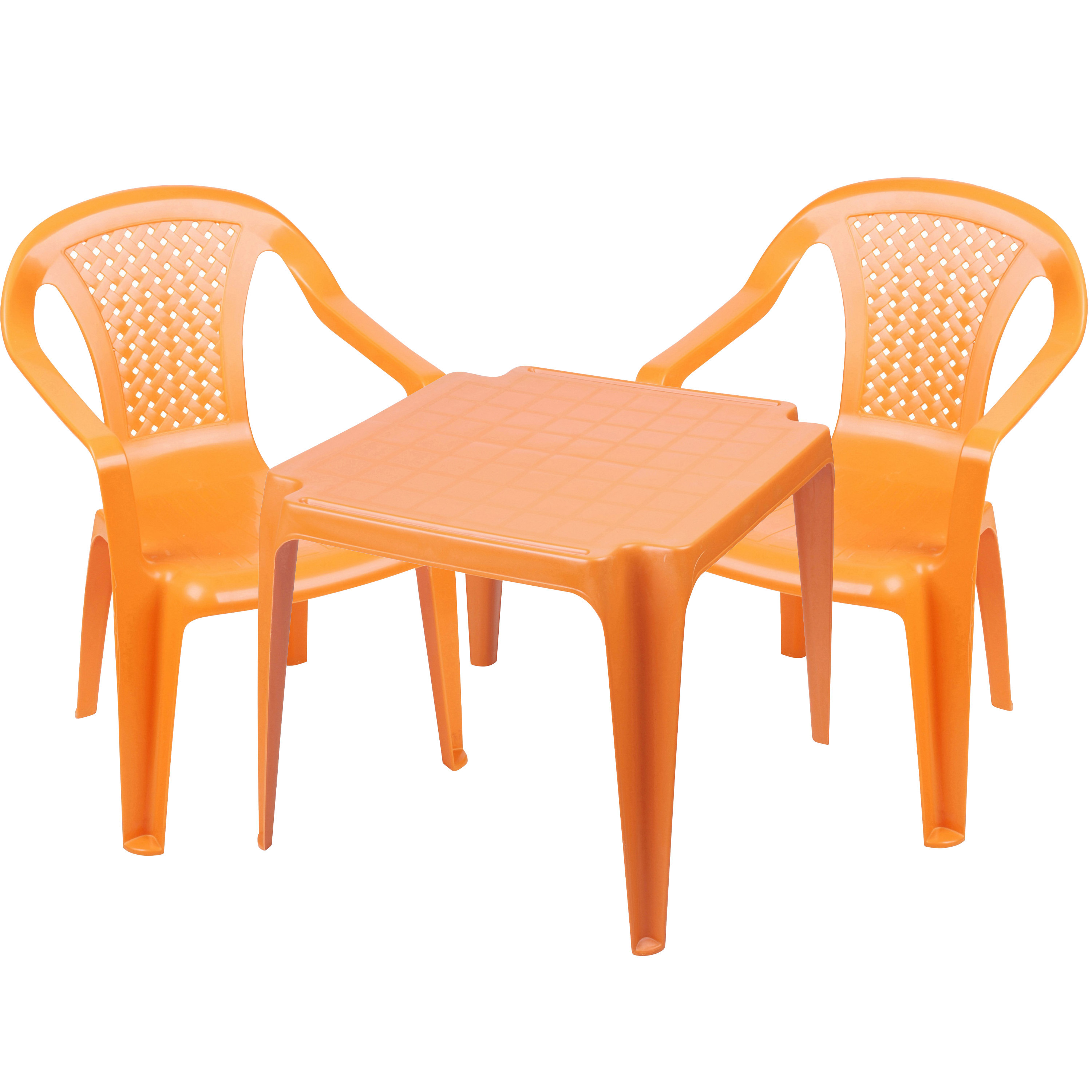 Sunnydays Kinderstoelen 2x met tafeltje set buiten-binnen oranje kunststof