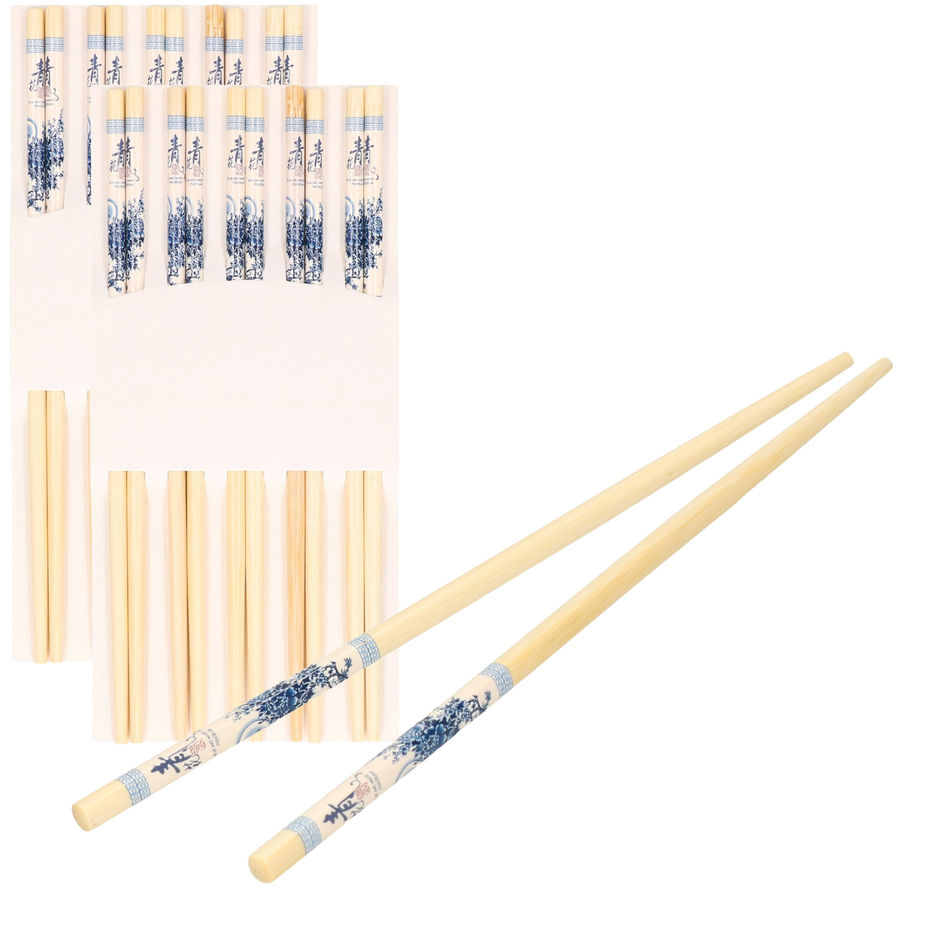 Sushi eetstokjes 10x setjes bamboe hout blauwe print 24 cm