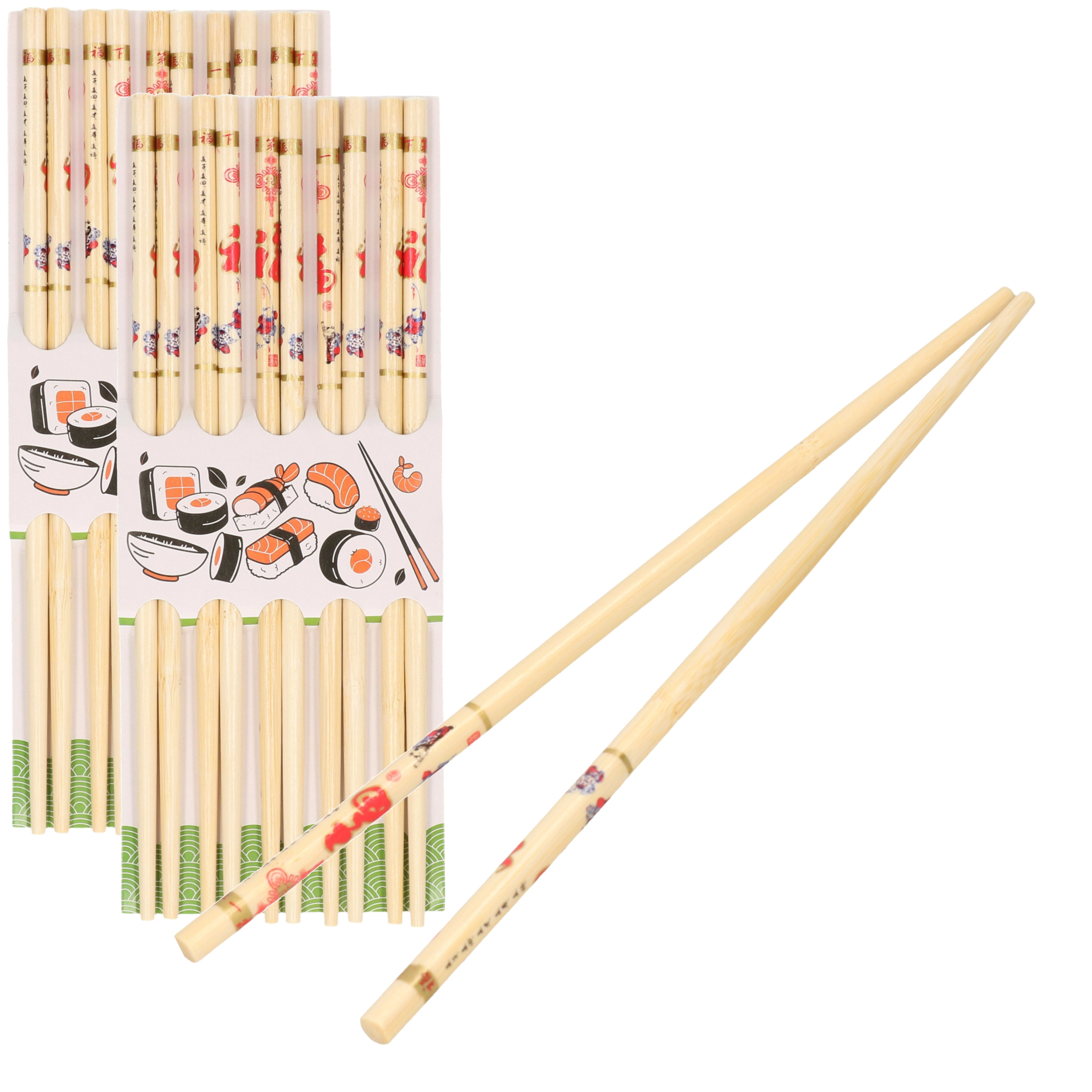 Sushi eetstokjes 10x setjes bamboe hout kleurrijke print 24 cm