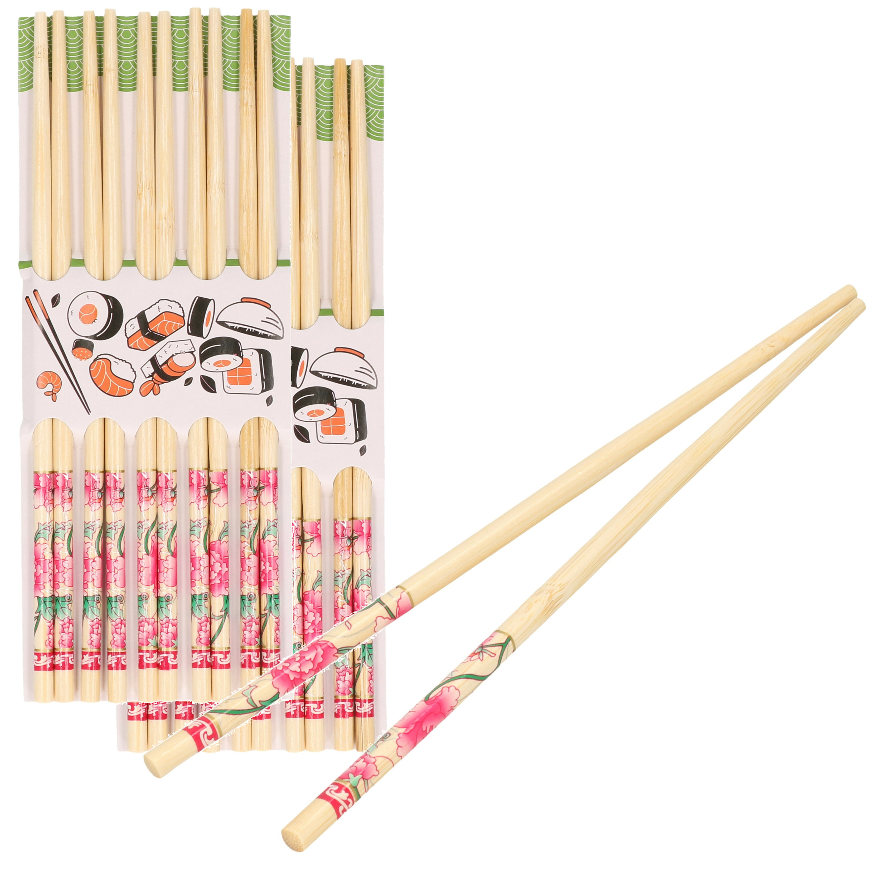 Sushi eetstokjes 20x setjes bamboe hout roze bloemen print 24 cm