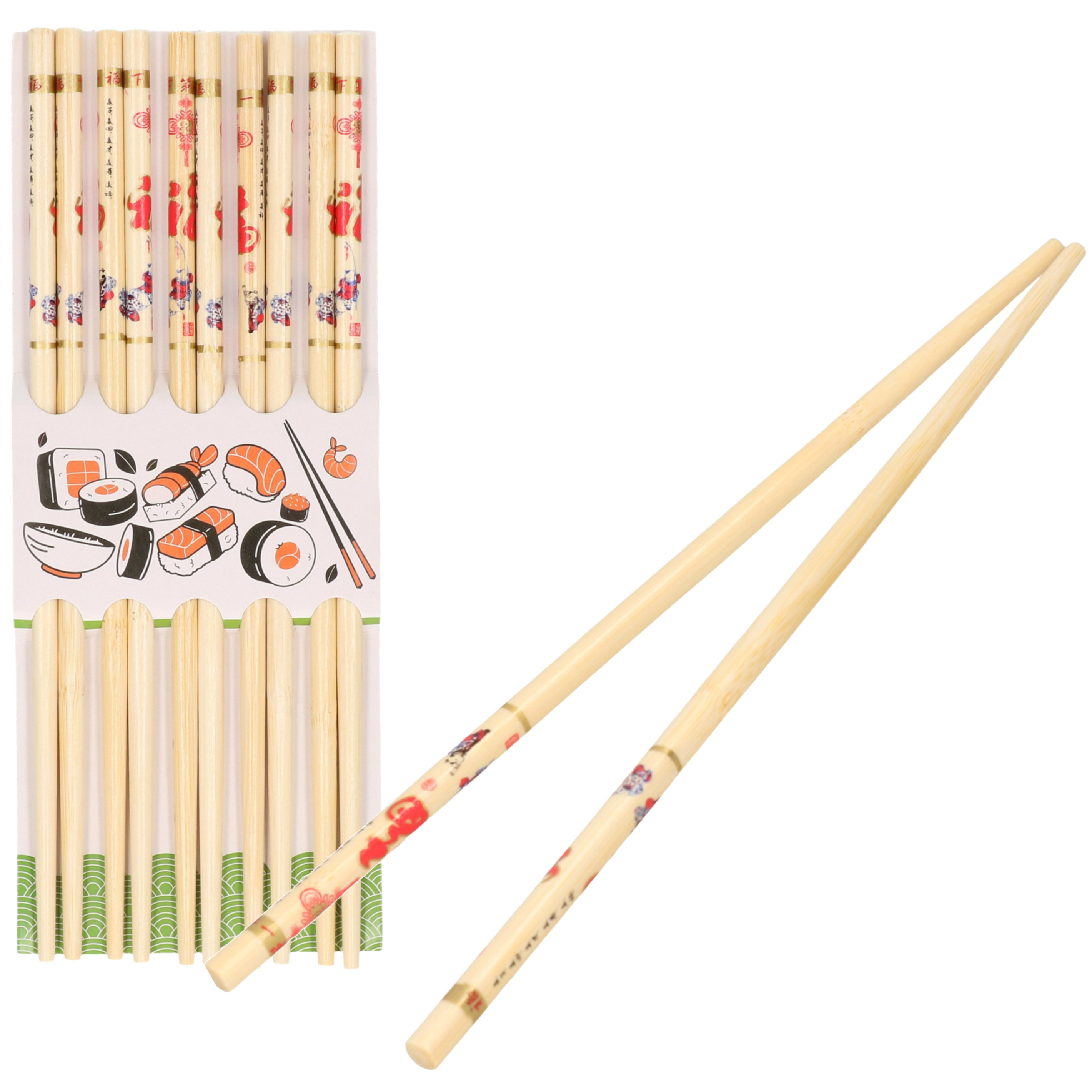 Sushi eetstokjes 5x setjes bamboe hout kleurrijke print 24 cm