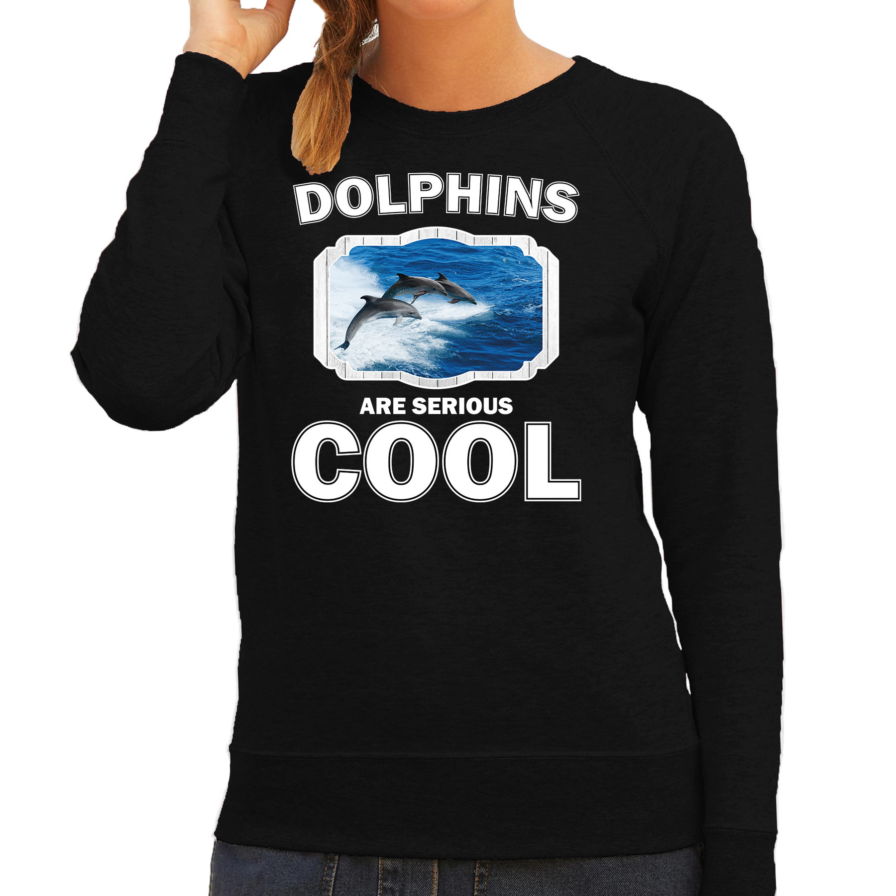 Sweater dolphins are serious cool zwart dames dolfijnen- dolfijn groep trui