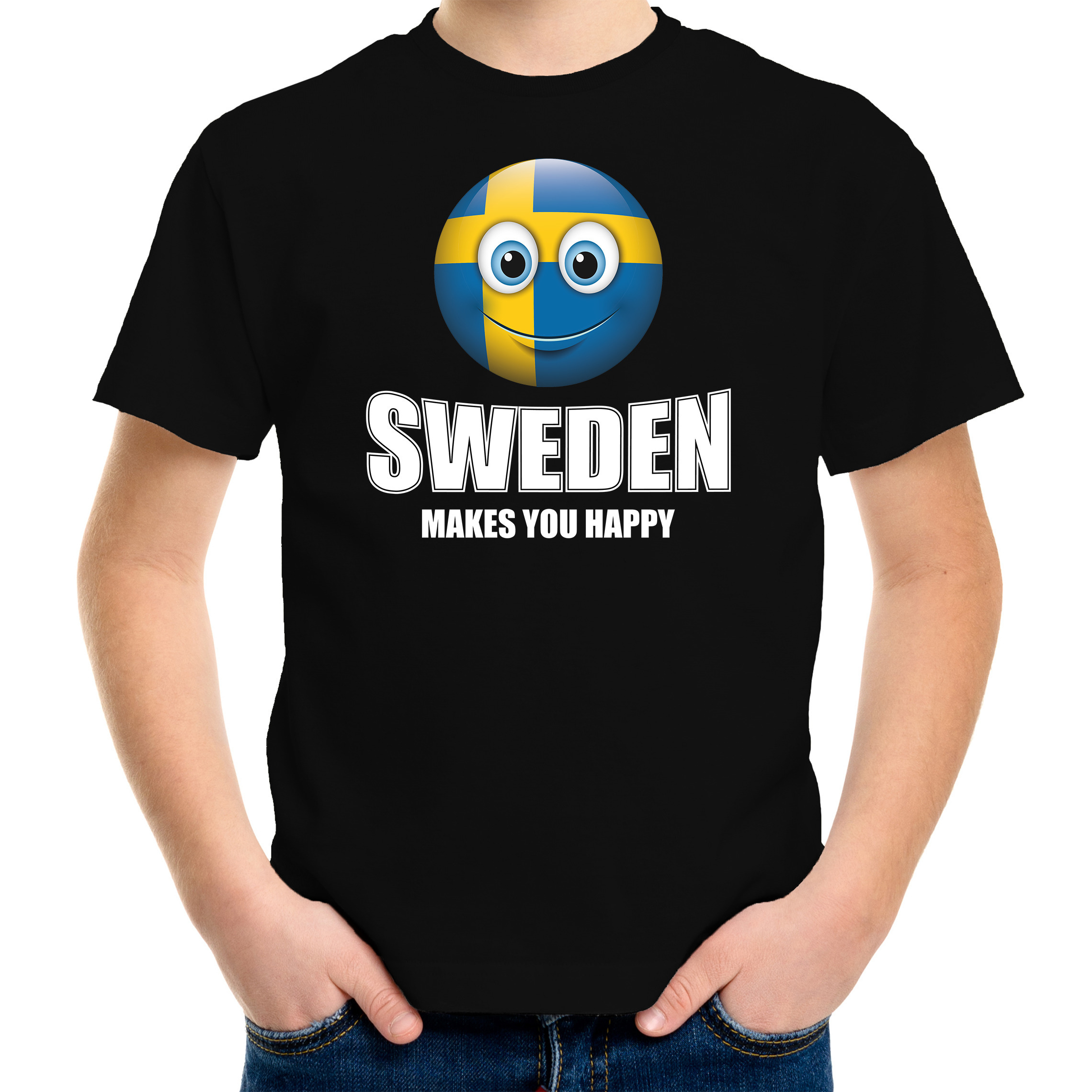 Sweden makes you happy landen-vakantie shirt zwart voor kinderen met emoticon