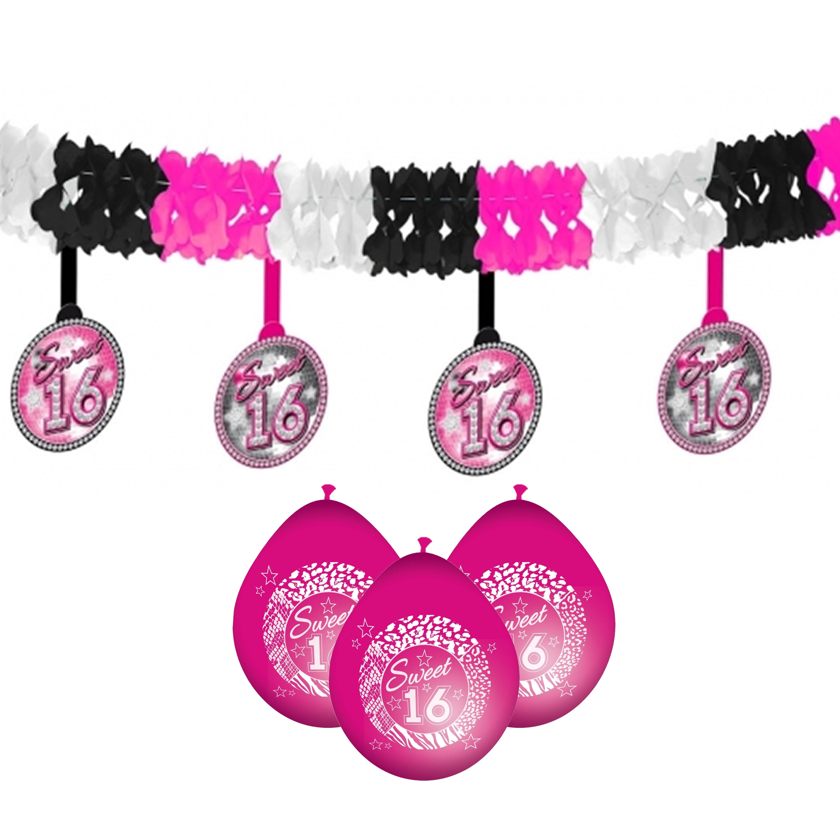 Sweet 16-Sixteen versiering pakket slingers-ballonnen roze