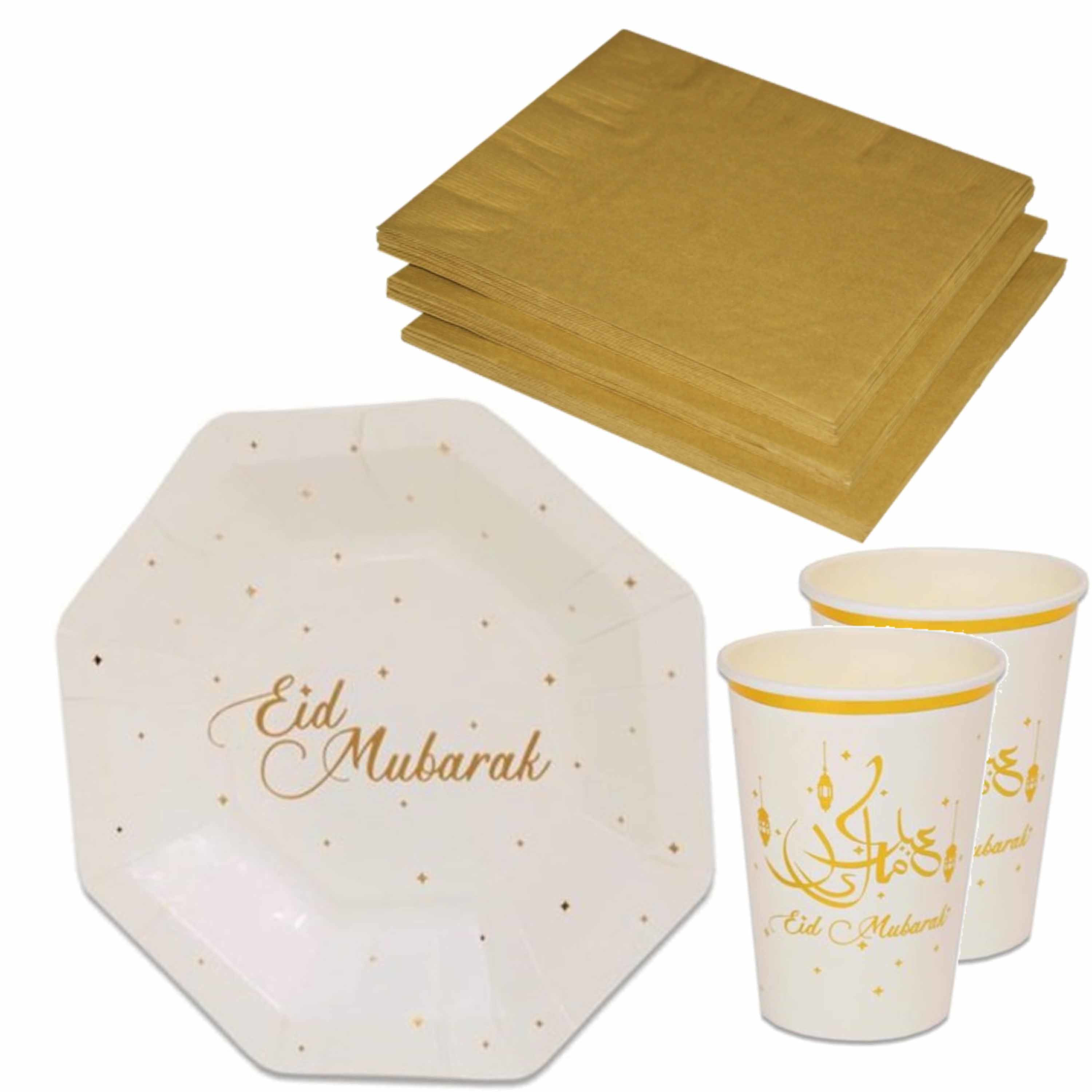 Tafel dekken Ramadan Mubarak feestartikelen wit-goud 24x bordjes-24x drink bekers-40x servetten