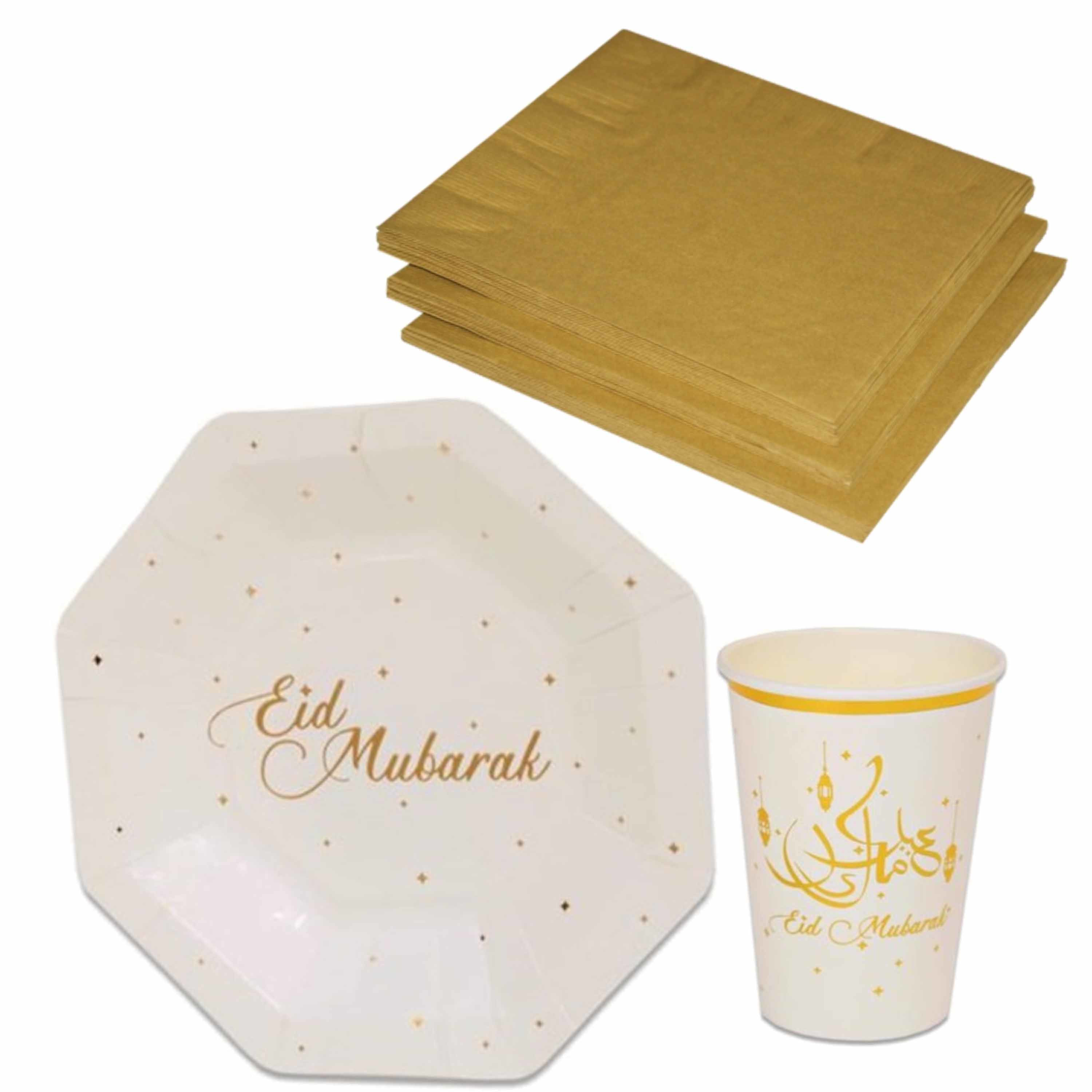 Tafel dekken Ramadan Mubarak feestartikelen wit-goud 8x bordjes-8x drink bekers-20x servetten