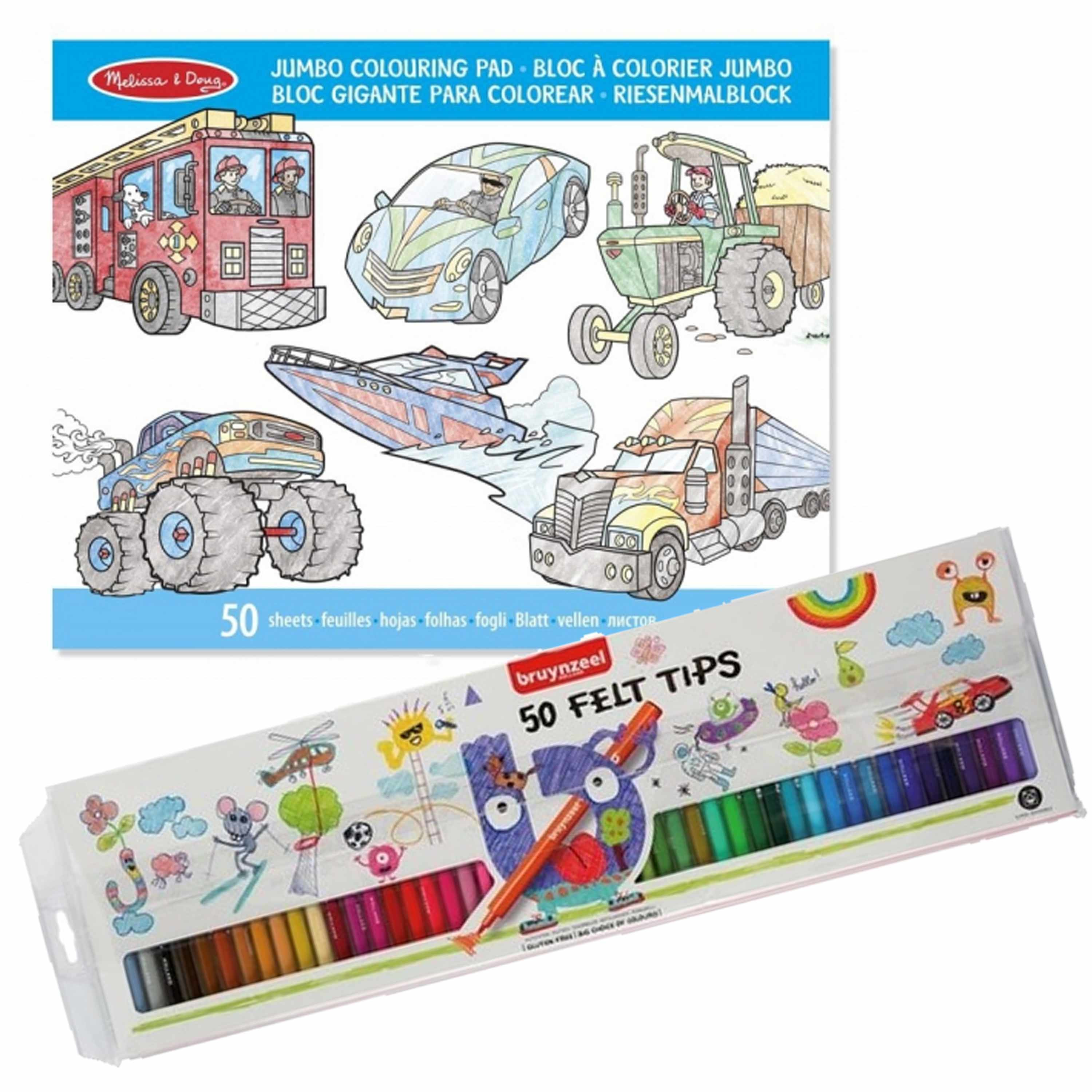 Teken-kleur boek met 50 paginas van voertuigen met 50 Bruynzeel viltstiften