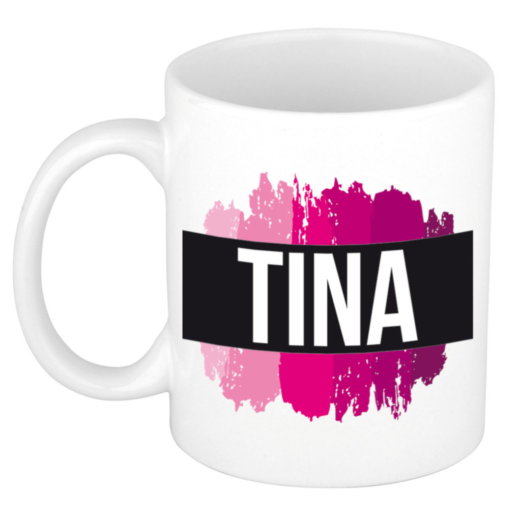 Tina naam-voornaam kado beker-mok roze verfstrepen Gepersonaliseerde mok met naam