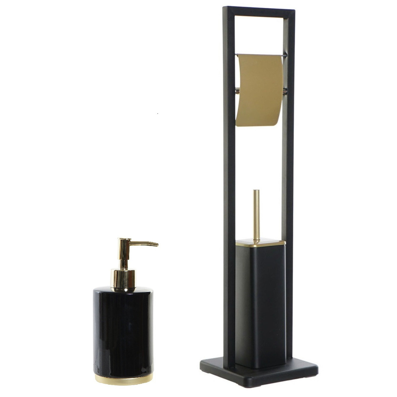 Toiletborstel set zeeppompje-toiletrolhouder zwart-goud metaal 80 cm