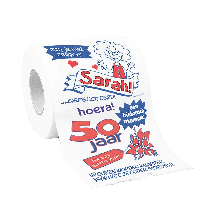 Toiletrol verjaardag Sarah 50 jaar met grappige tekst decoratie-versiering