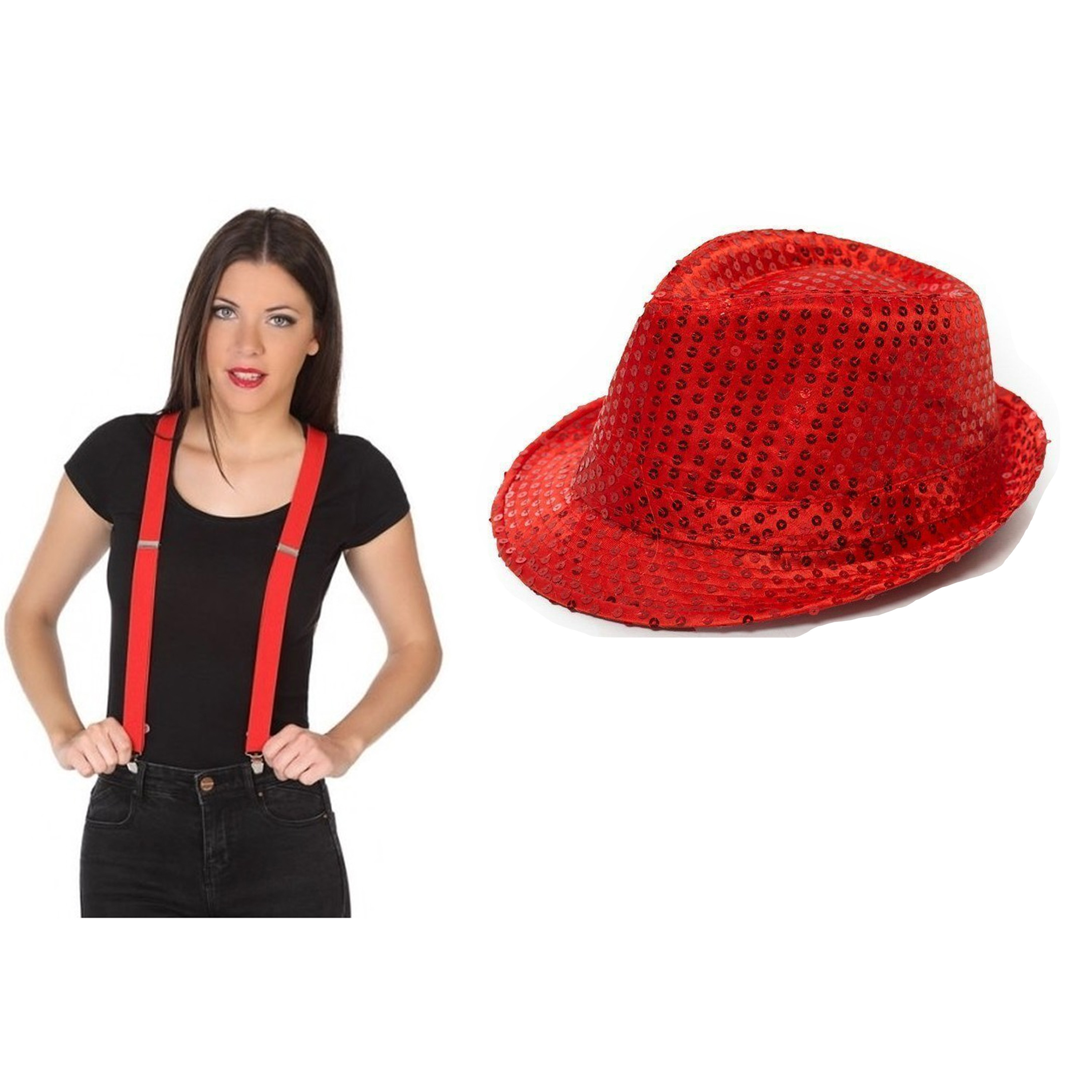 Toppers Carnaval verkleed set glitter hoed en bretels rood